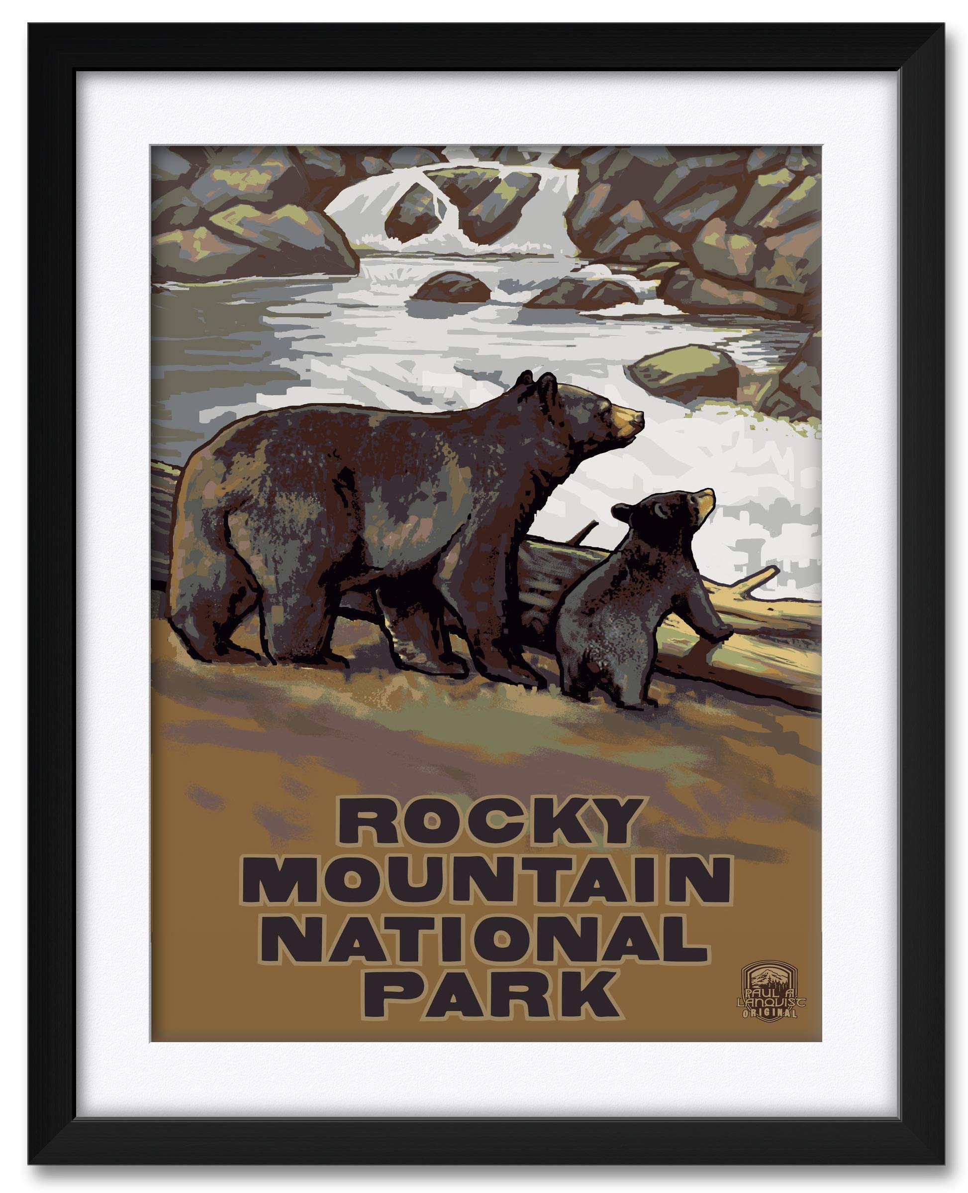 Paul A. Lanquist Framed Bear Cub Falls Art Print - 24x30 Inch Rocky Mountain National Park Landscape Wall Decor - Perfect for Living Room, Office & Cabin Decor