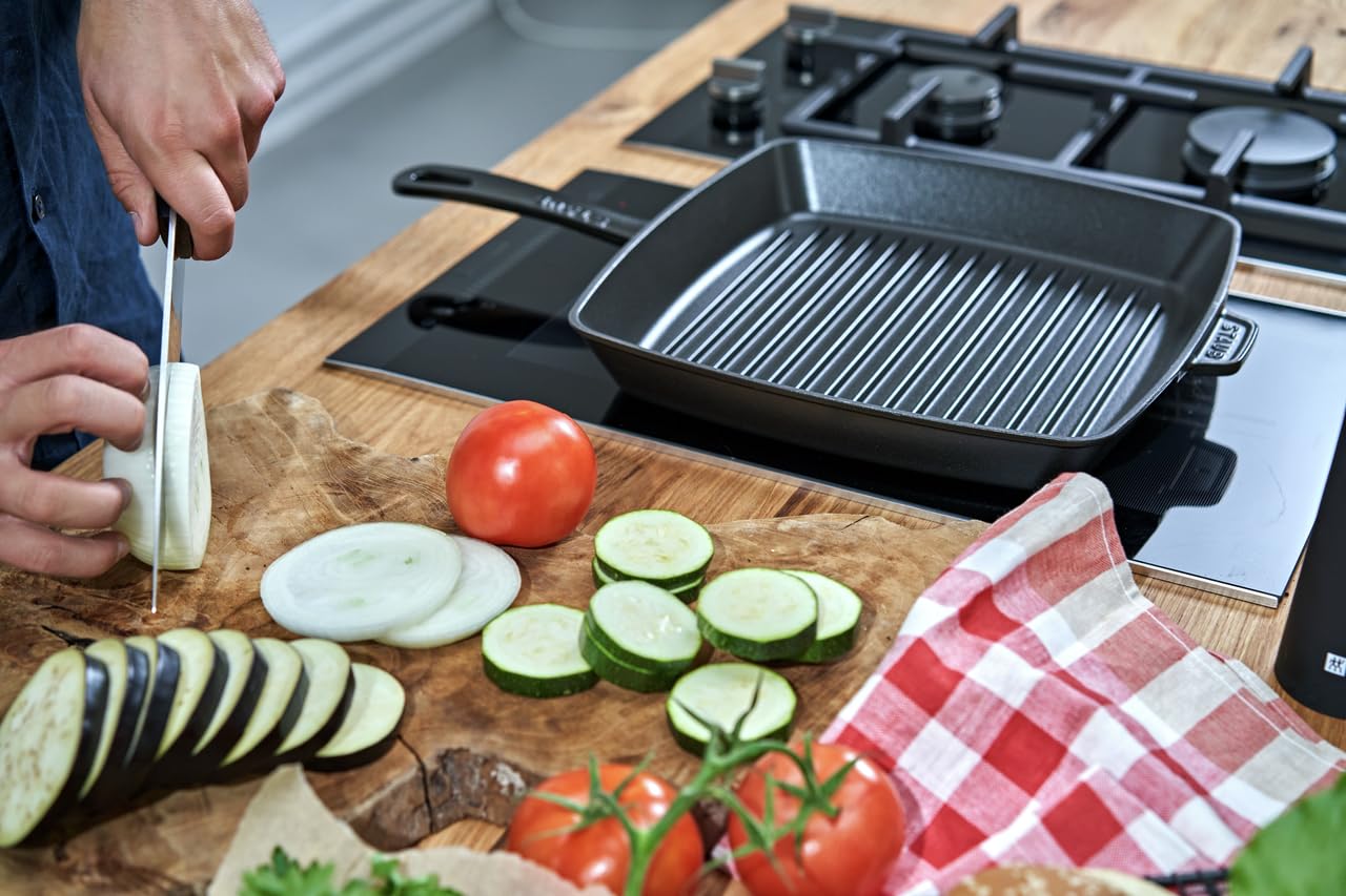 Staub 12-Inch Square Cast Iron Grill Pan - Matte Black, Made in France | Premium Heavy Duty Cookware for Steaks, Burgers & Vegetables | Indoor & Outdoor Cooking, BBQ, Camping, Stovetop & Oven Safe