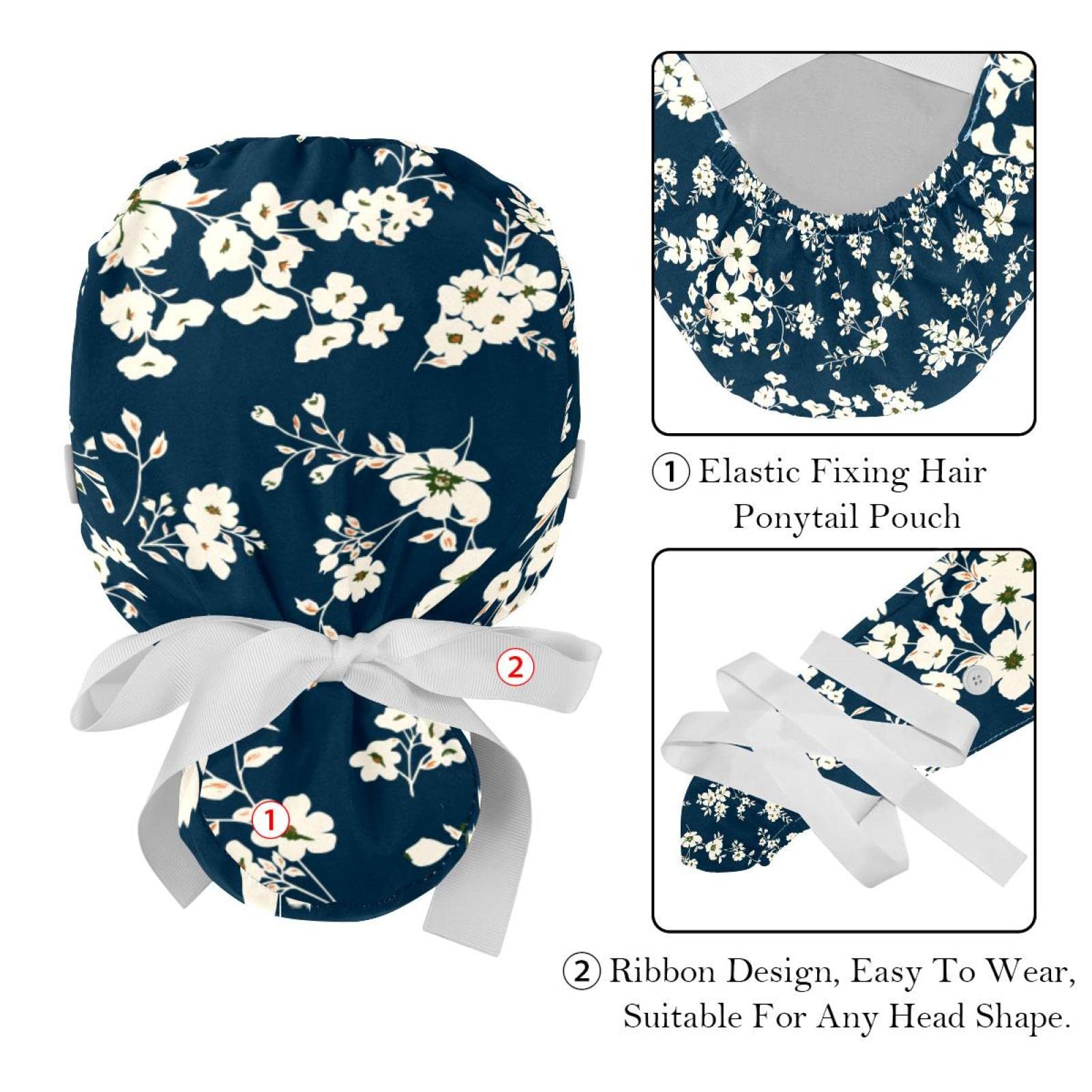 Black & White Floral Scrub Hats for Women & Men - 2 Pack Long Hair Surgical Caps with Button Closure & Sweatband - Unisex Tie Back Nurse Doctor Chef Hat for Hospital, Kitchen & Salon Use