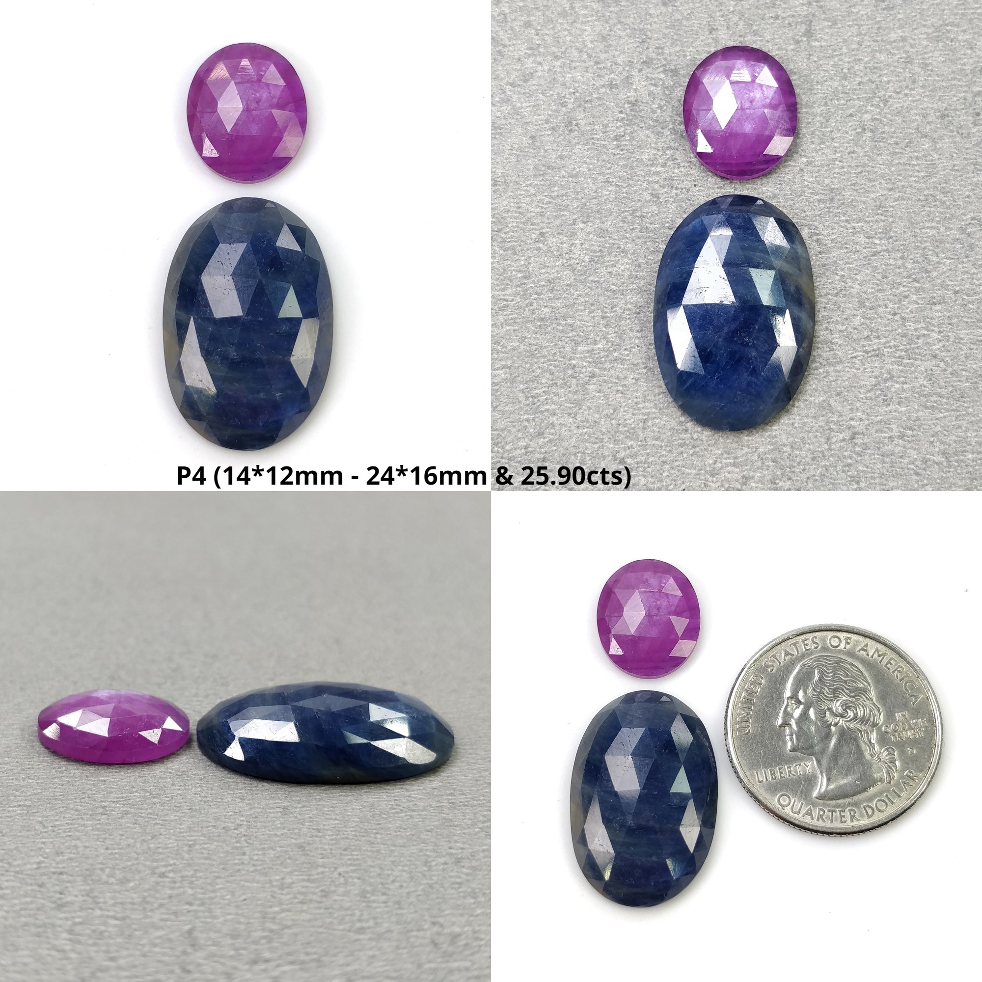 Natural Untreated Blue and Raspberry Sapphire Gemstone - Oval Rose Cut 2pc Set for Jewelry Making, Engagement Rings & Unique Gifts