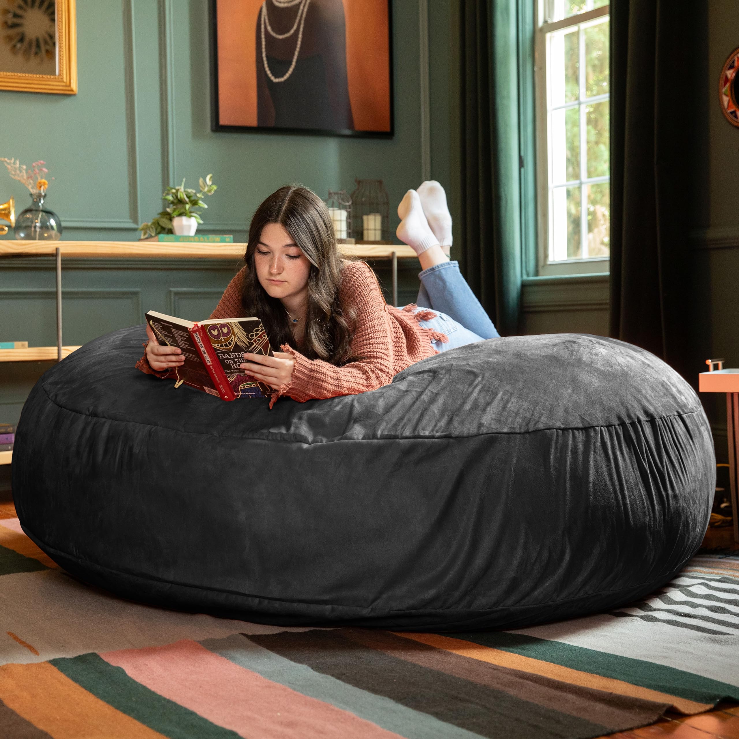 Jaxx 6 Foot Extra Large Cocoon Bean Bag Chair for Adults - Premium Black Memory Foam Filled Lounger - Perfect for Living Room, Bedroom, Game Room & Dorm Relaxation