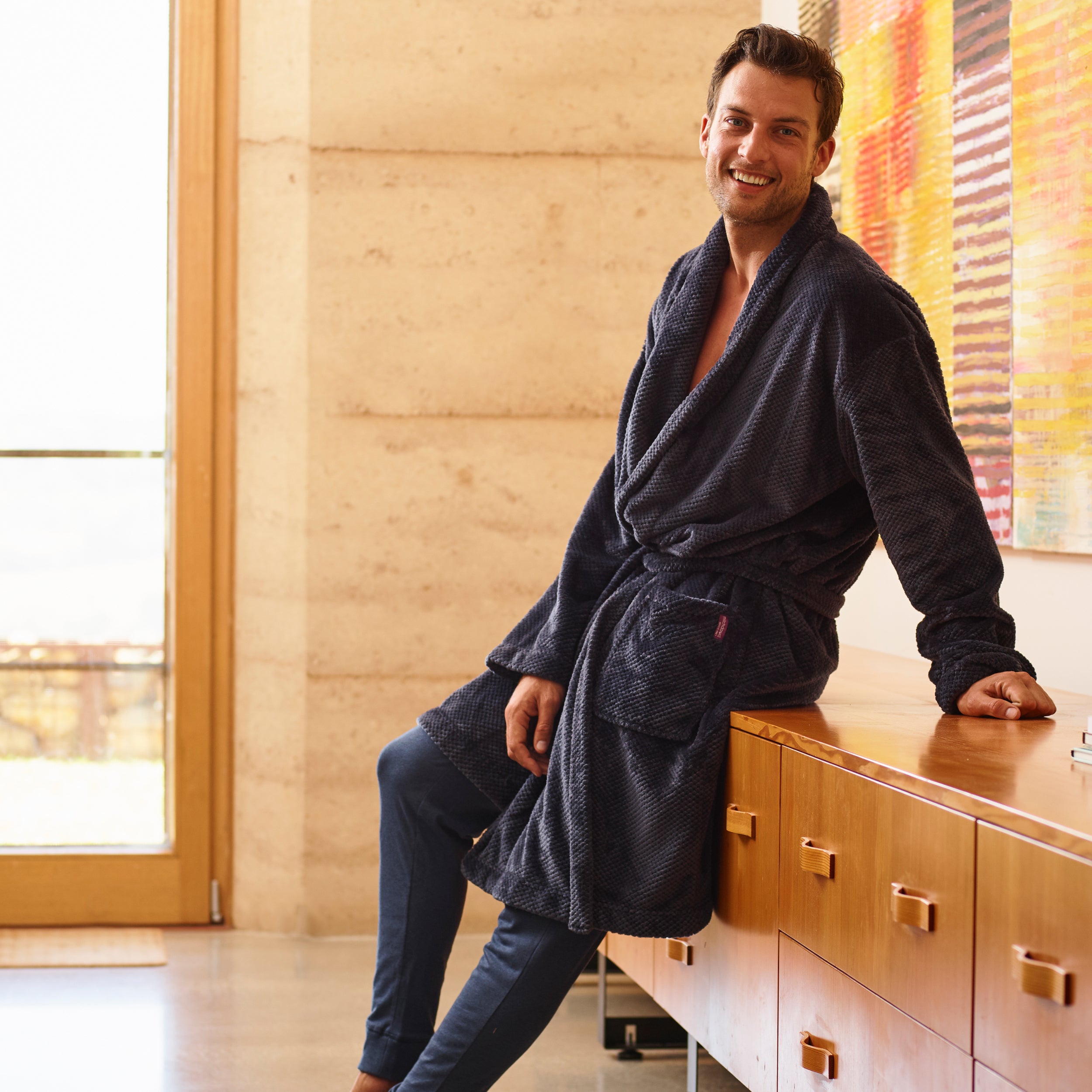Men's Waffle Texture Coral Fleece Robe - Soft & Warm Navy Blue Bathrobe for Winter - Perfect for Lounging, Spa Days & Cozy Evenings at Home