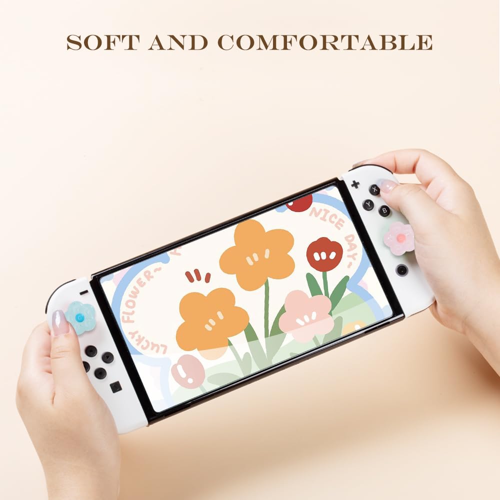 PERFECTSIGHT Cute Glitter Flower Thumb Grip Caps for Nintendo Switch/OLED/Switch Lite - 6PCS Kawaii Joystick Cover for Joy-Con Controllers | Gaming Accessories for Enhanced Comfort & Style | Perfect for Kids & Adults Playing Mario Kart, Animal Crossing & More