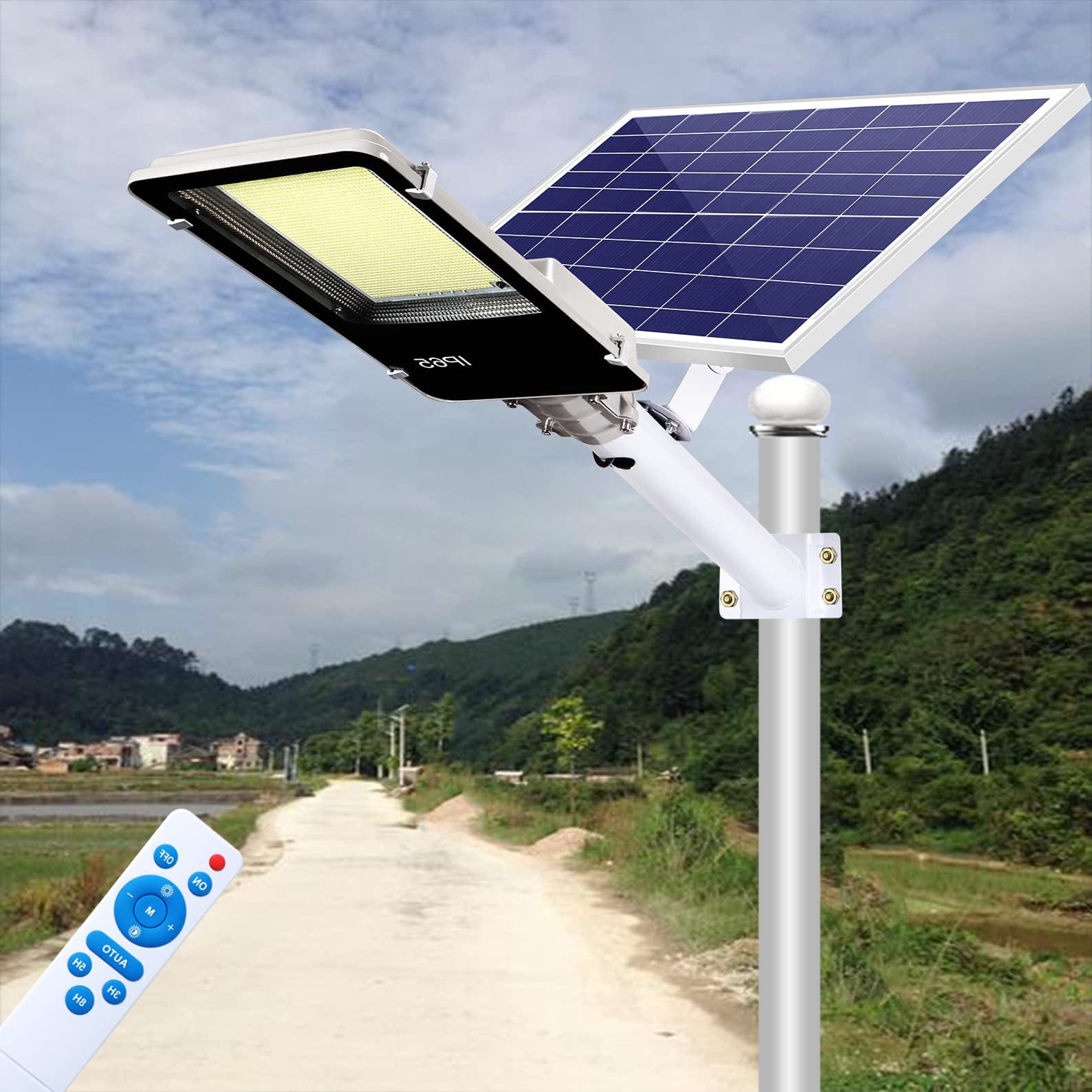 SAZGAR 1000W Solar Street Light Outdoor - 68000 Lumens High Brightness Dusk to Dawn Commercial Lighting with Remote Control | IP65 Waterproof for Parking Lots, Yards, Gardens, Patios, Stadiums | Perfect for Security, Landscape & Pathway Illumination