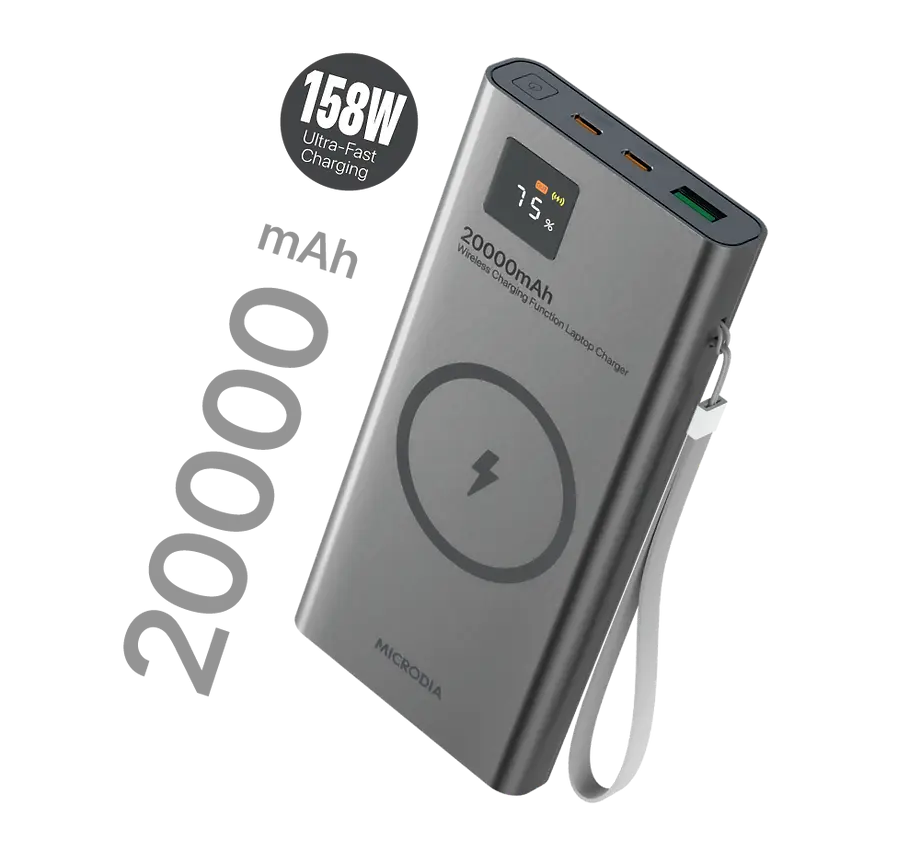 MICRODIA SNAPPower™ MagGo LCD 20000mAh 158W Magnetic Wireless Power Bank - 15W Wireless Charging + 65W & 60W USB-C PD + 18W USB-A Output with LCD Display - Fast Charging for iPhone, Samsung, AirPods, Laptops & More - Perfect for Travel, Work & Outdoor Adventures