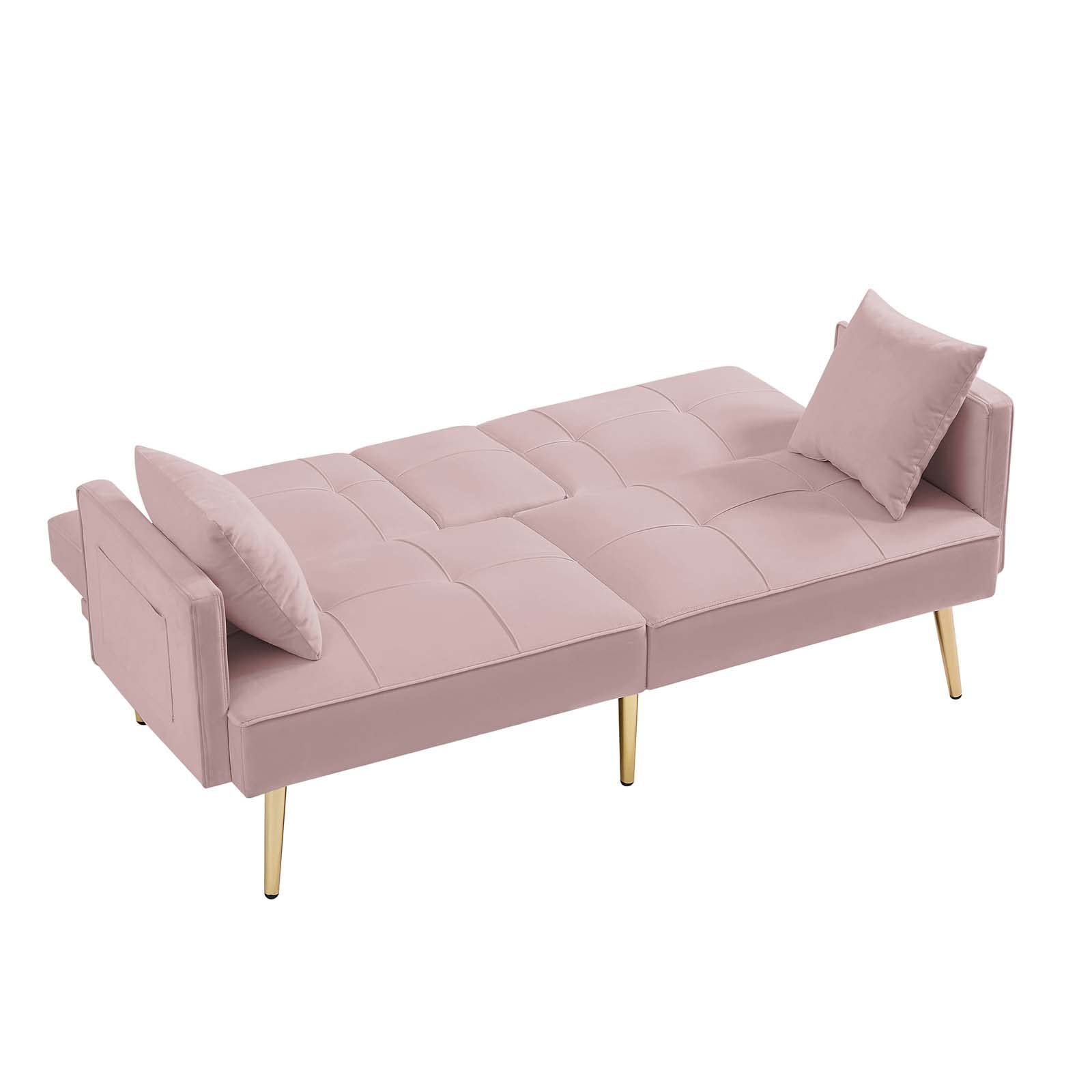 69'' Velvet Futon Sofa Bed - Modern Convertible Folding Sleeper Couch with Cup Holders & 2 Pillows, Pink Loveseat for Living Room, Apartment, Office - Perfect for Small Spaces, Guest Rooms & Multi-Functional Furniture Needs