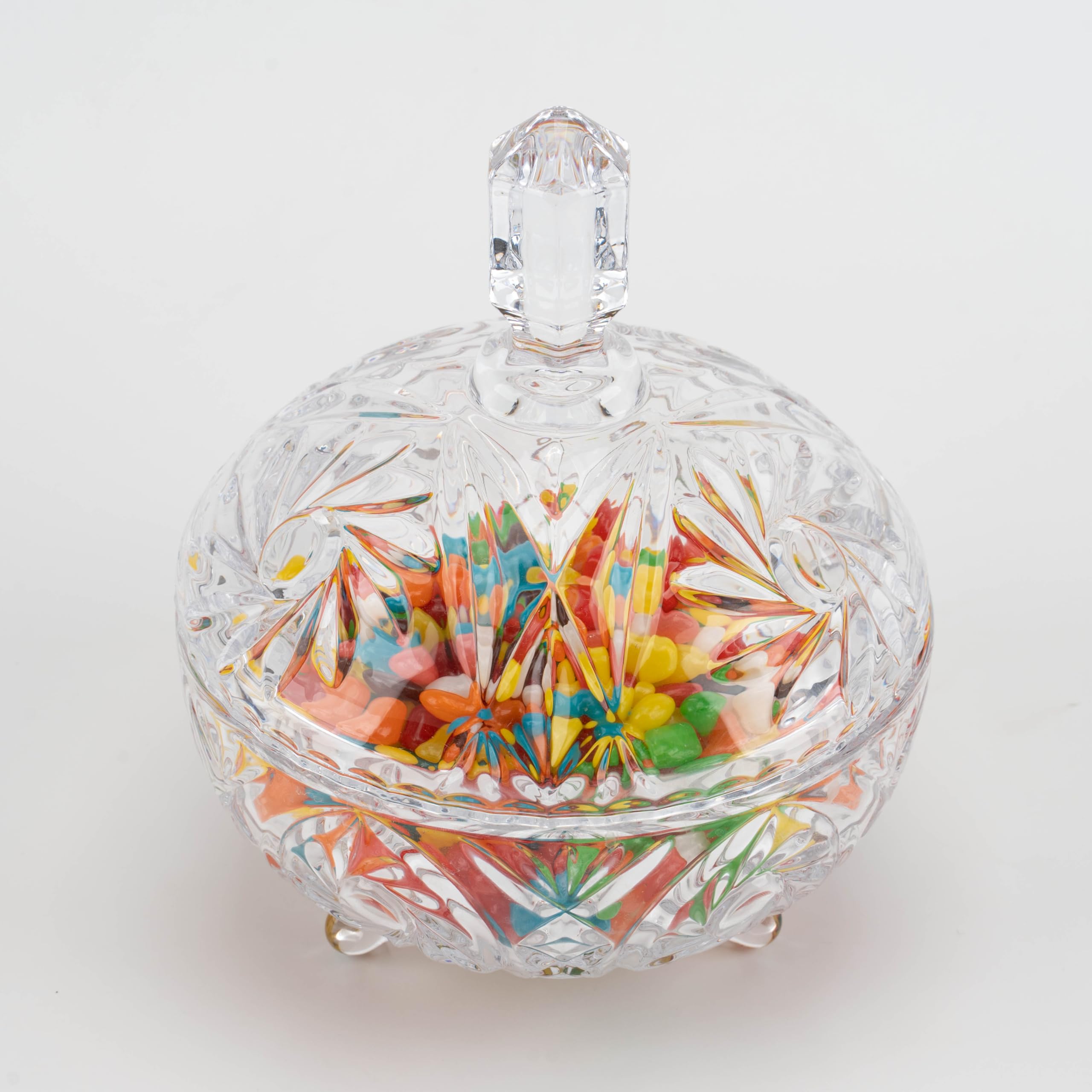 27oz Large Glass Candy Dish with Lid - Crystal Candy Bowl & Dispenser, Embossed Decorative Storage Jar for Candy Buffet, Office Desk, Jewelry | Perfect for Christmas, Wedding, Birthday Gifts & Home Decor