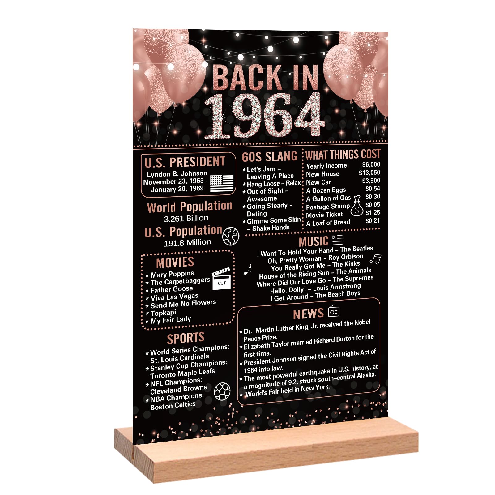 Rose Gold 60th Birthday Decorations for Women - Vintage 1964 Acrylic Table Sign with Stand, 60th Anniversary Party Supplies & Gifts - Perfect for Milestone Celebrations, Retirement Parties & Golden Anniversary Events