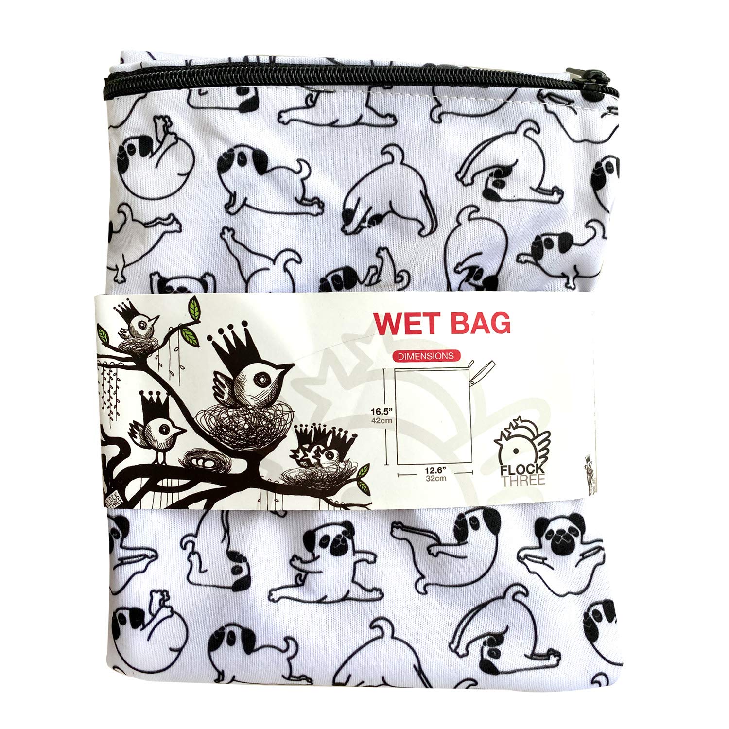 FLOCK THREE Washable & Reusable Wet Bag - Waterproof Diaper Bag, Swim Bag, Travel Toiletries Pouch & Gym Yoga Bag (White_YOGADOG) - Perfect for Baby Care, Swimming, Travel & Fitness Activities