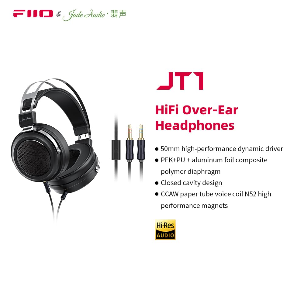 FIIO JadeAudio JT1 Professional Studio Headphones with Microphone - 50mm Drivers for Hi-Res Music, Gaming & Recording - Perfect for Home Studios, Podcasting & Competitive Gaming