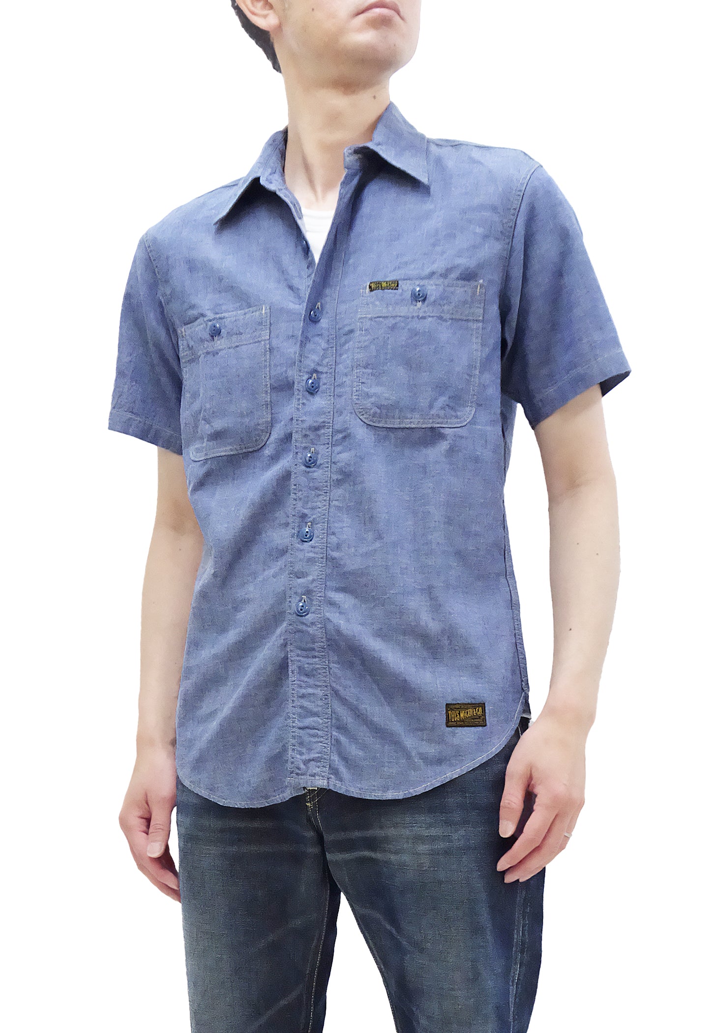 TOYS McCOY Men's Short Sleeve Blue Chambray Shirt | Classic US Navy Utility Work Shirt TMS2507 | Casual Wear & Outdoor Activities