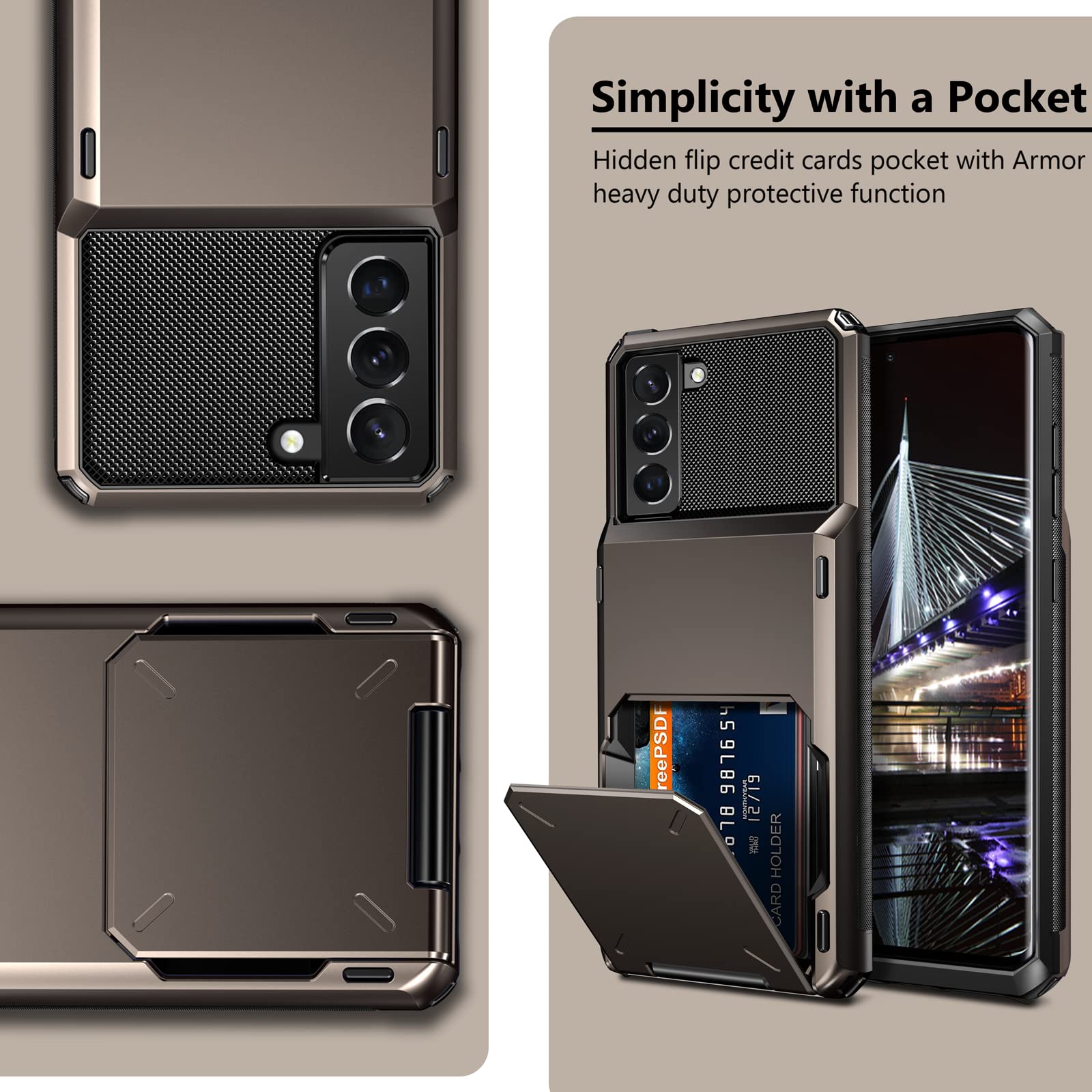 Vofolen Wallet Case for Samsung Galaxy S22 Plus - 4 Card Slot Hidden Back Pocket, Dual Layer Hybrid Rugged Protective Cover with Rubber Bumper for Galaxy S22+ 6.6 Inch (Gun Metal) | Perfect for Daily Commute, Business Travel & Hands-Free Convenience