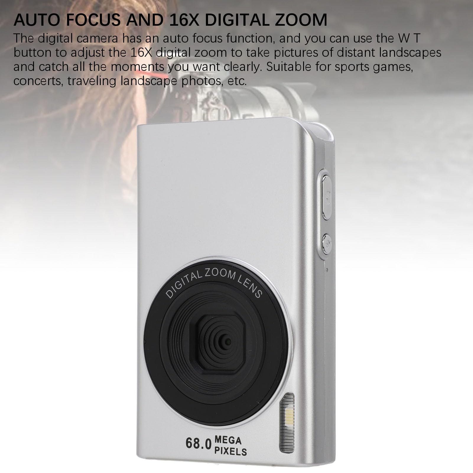 4K 68MP Digital Camera with 16X Zoom, Auto Focus & Anti-Shake - Continuous Shooting & Built-in Fill Light for Travel Vlogging (Silver) | Perfect for YouTube, TikTok & Outdoor Adventures