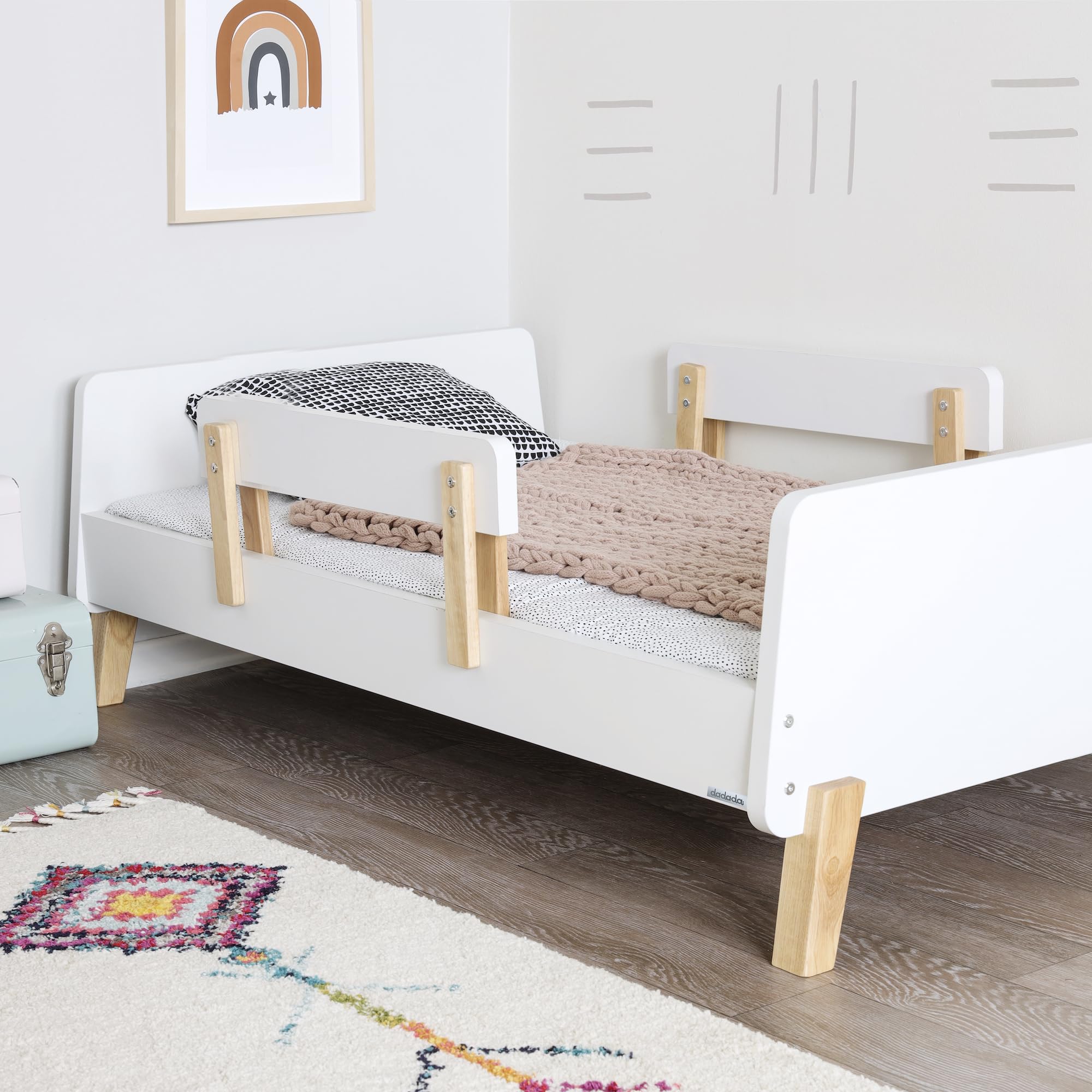**Muse Toddler Bed with Removable Rails – Safe & Modern Kids Bed for Boys & Girls – Fits Standard Crib Mattress, Supports Up to 50 Lbs – Easy Assembly, White & Natural (55.15