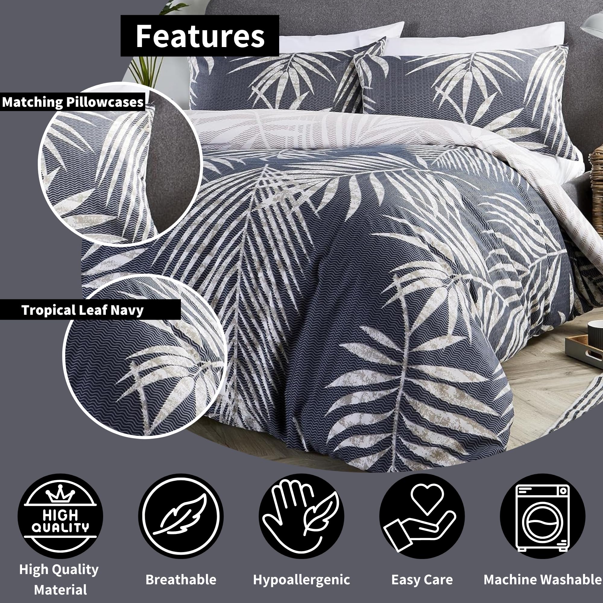 Olivia Rocco Tropical Leaf Duvet Cover Set - Modern Botanical Print 100% Cotton Reversible Quilt Cover - Easy Care Bedding Set for Double Bed in Navy Blue - Perfect for Beach House, Boho Bedroom & Tropical Home Decor