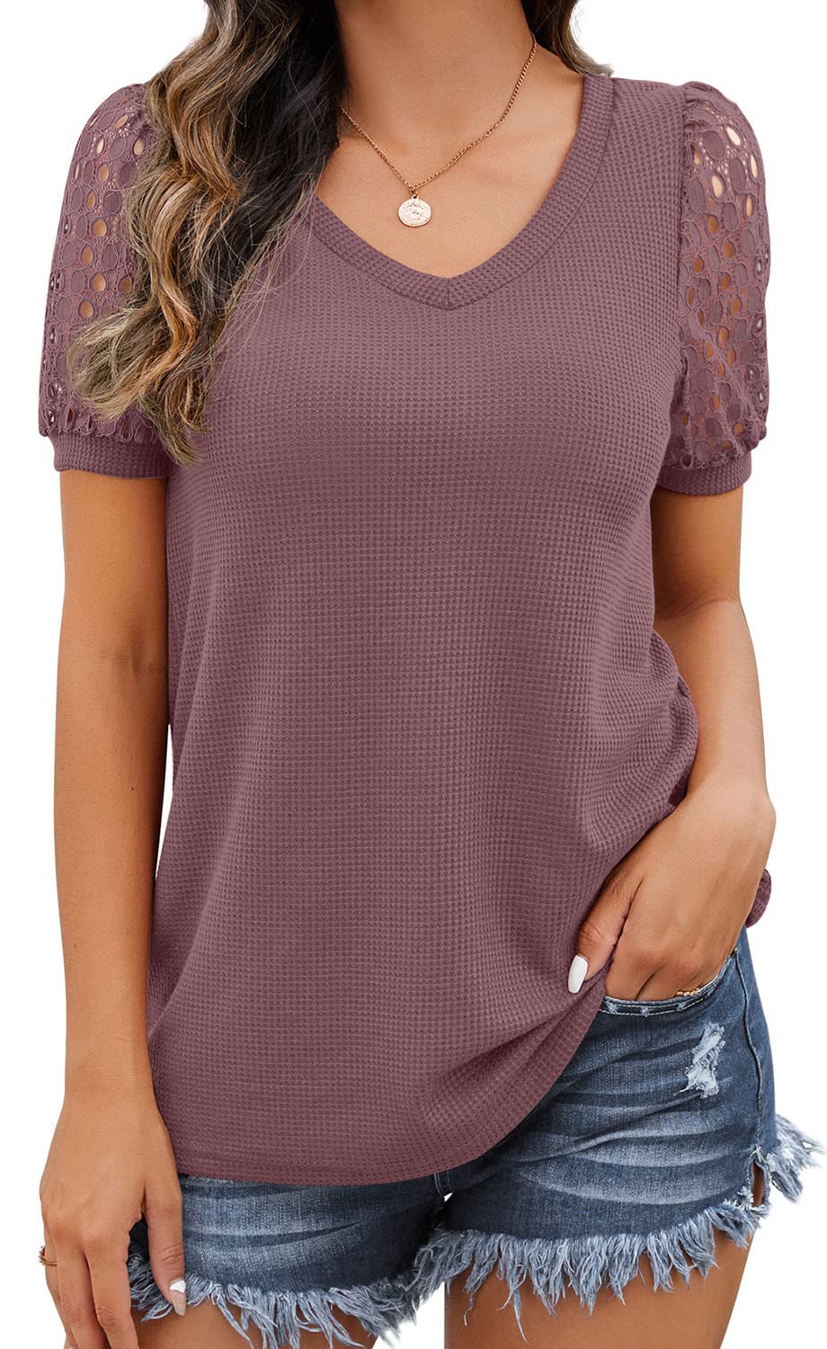 IWOLLENCE Women's Summer V-Neck Waffle Knit Lace Short Sleeve Blouse - Casual T-Shirt Top for Beach, Vacation & Everyday Wear