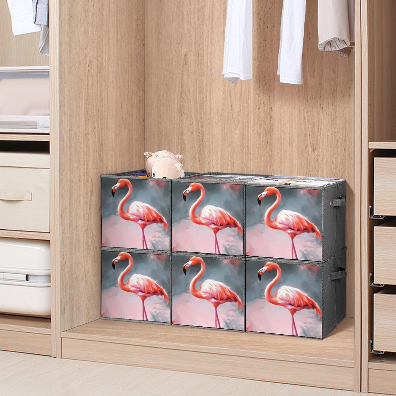 6PCS Foldable Storage Bins with Handles - Large Capacity Flamingo Printed Storage Boxes for Playroom, Office & Home Organization | Perfect for Toys, Books & Clutter Control