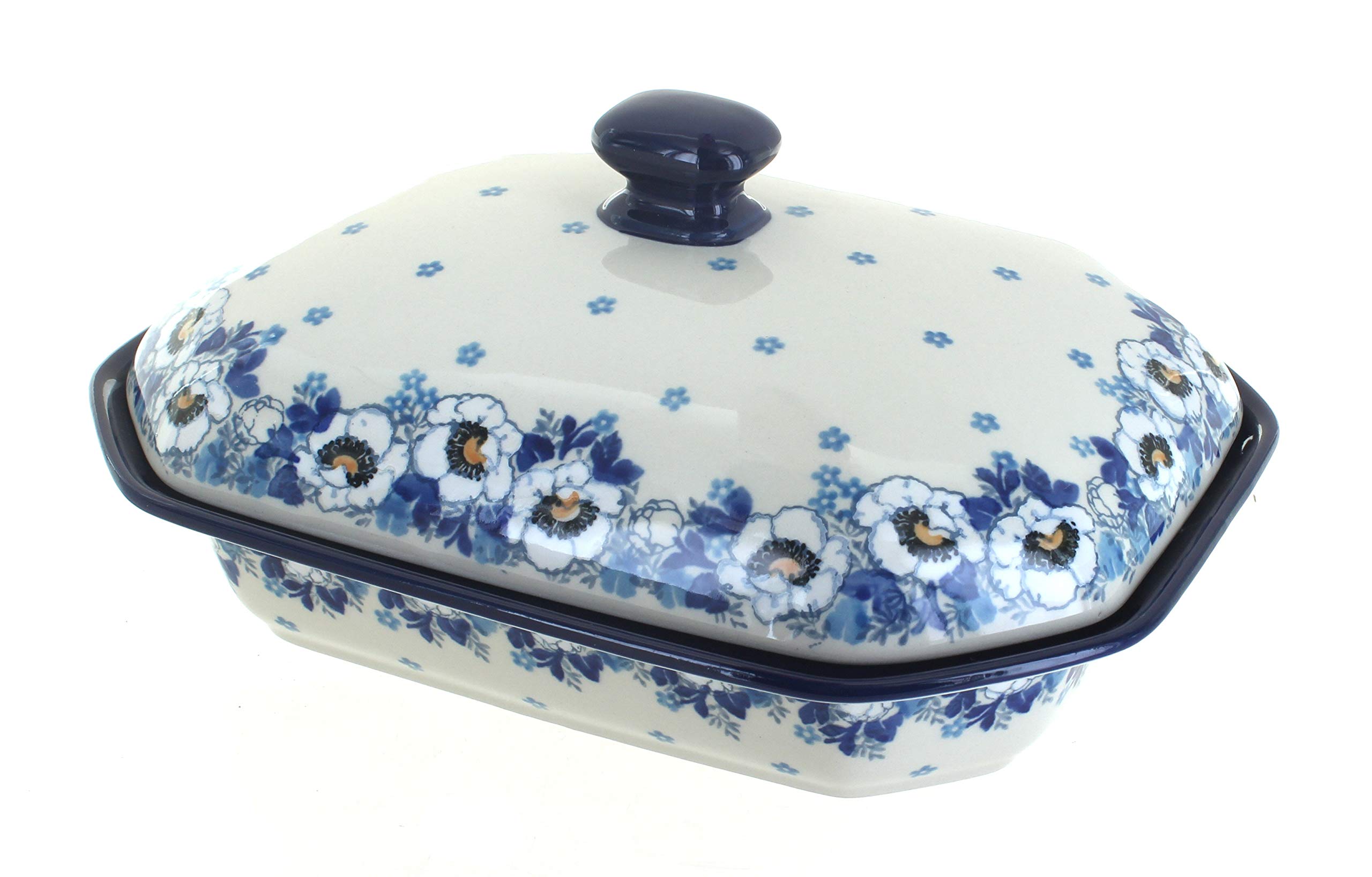 Blue Rose Polish Pottery Georgia Blue Medium Covered Baker - Handcrafted Ceramic Baking Dish for Casseroles, Bread & Desserts | Perfect for Oven-to-Table Serving & Holiday Gifts