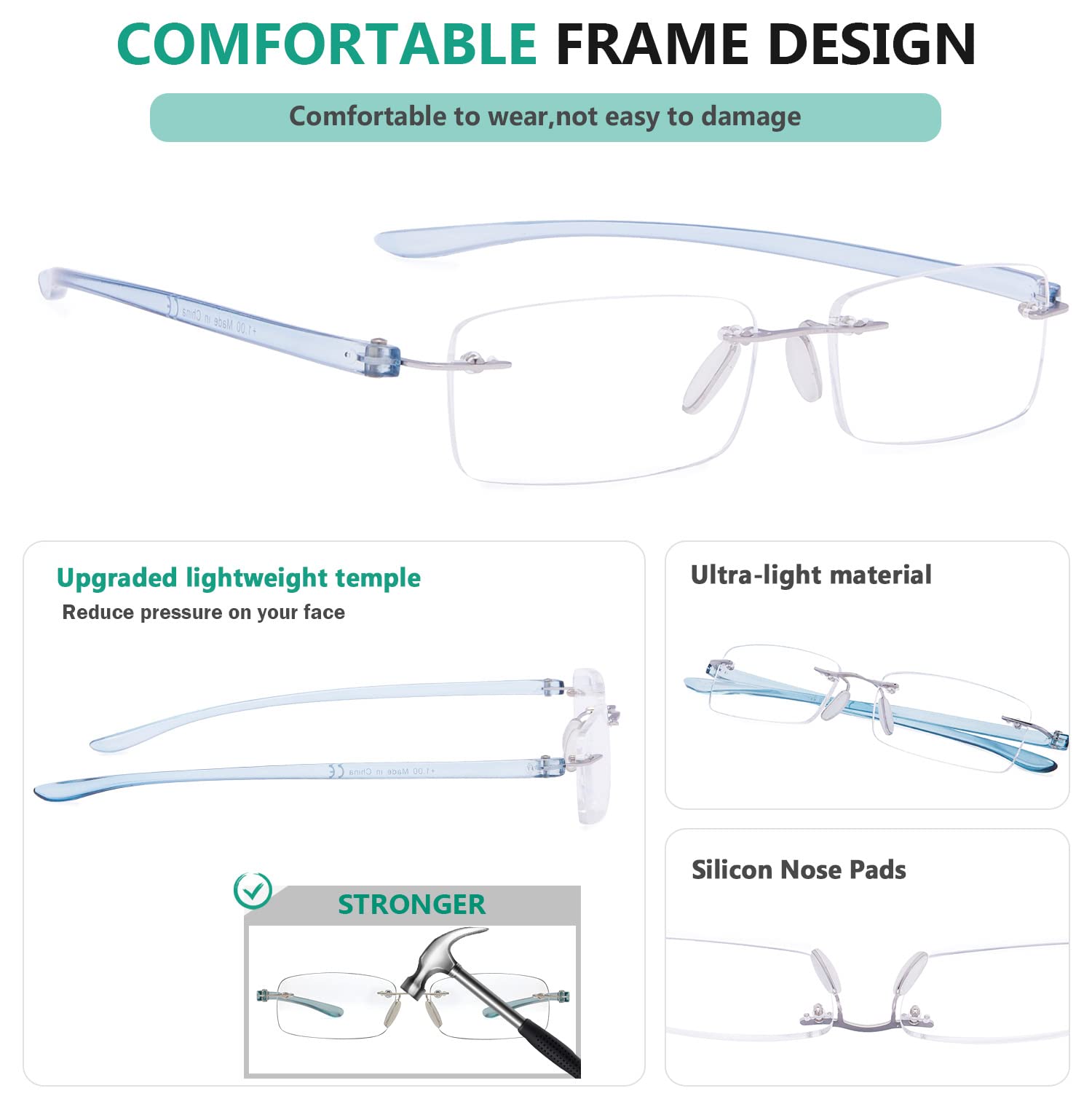 Eyekepper Rimless Reading Glasses for Men & Women - Small Lens Readers for Computer, Reading & Close Work - Lightweight Blue Light Blocking Glasses for Office & Home Use
