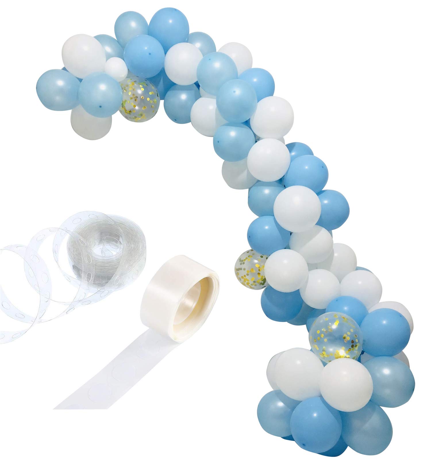 112 Pcs Blue Gold & White Balloons Set - 12 inch & 5 inch Sky Blue, Light Blue, Gold Confetti, White Balloons for Royal Baby Shower Decorations, Birthday Parties, Gender Reveal Events and Wedding Decor
