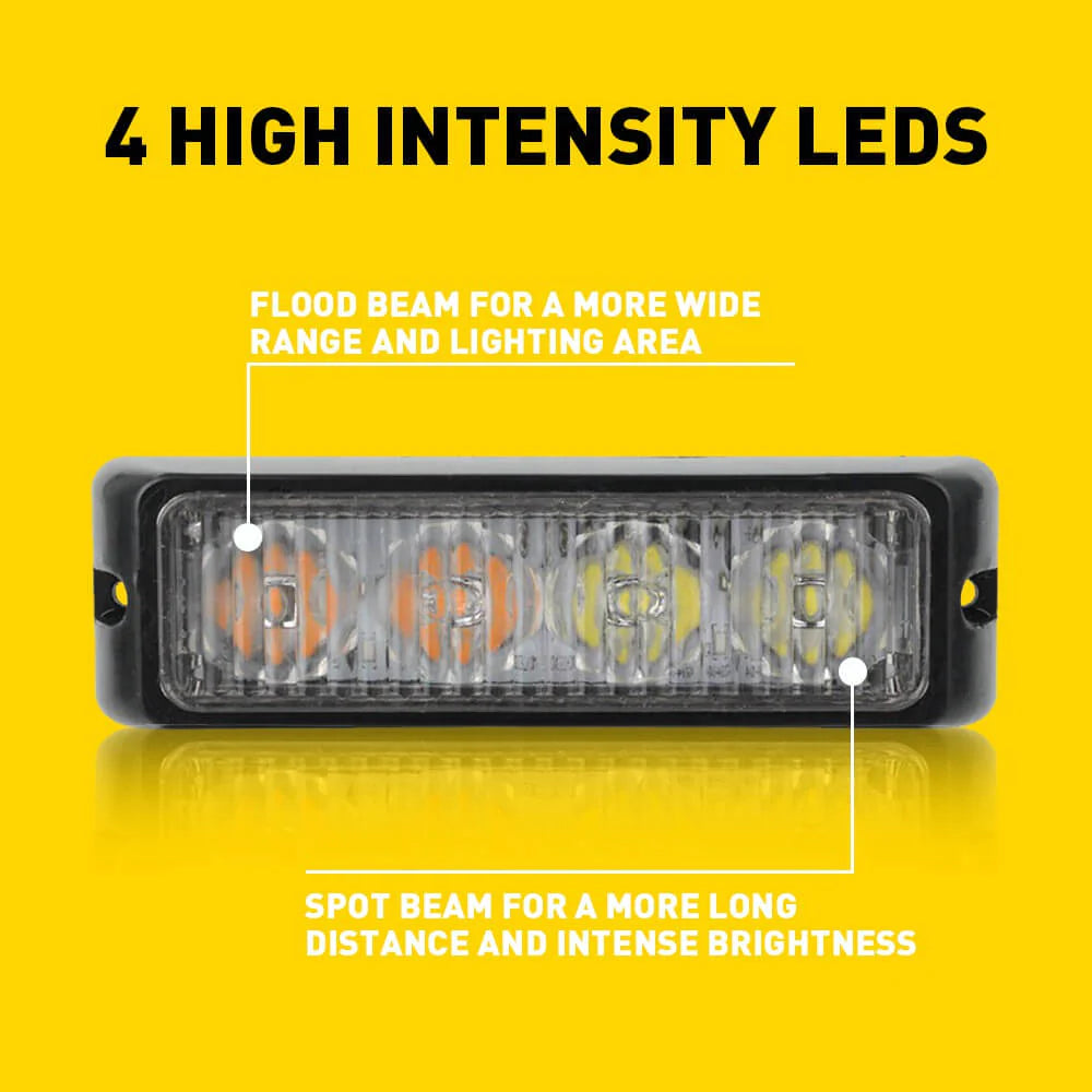 4-Pack Waterproof LED Emergency Strobe Light Bars - Amber & White Colors - for Trucks, Emergency Vehicles, Construction & Road Safety Warning Lights