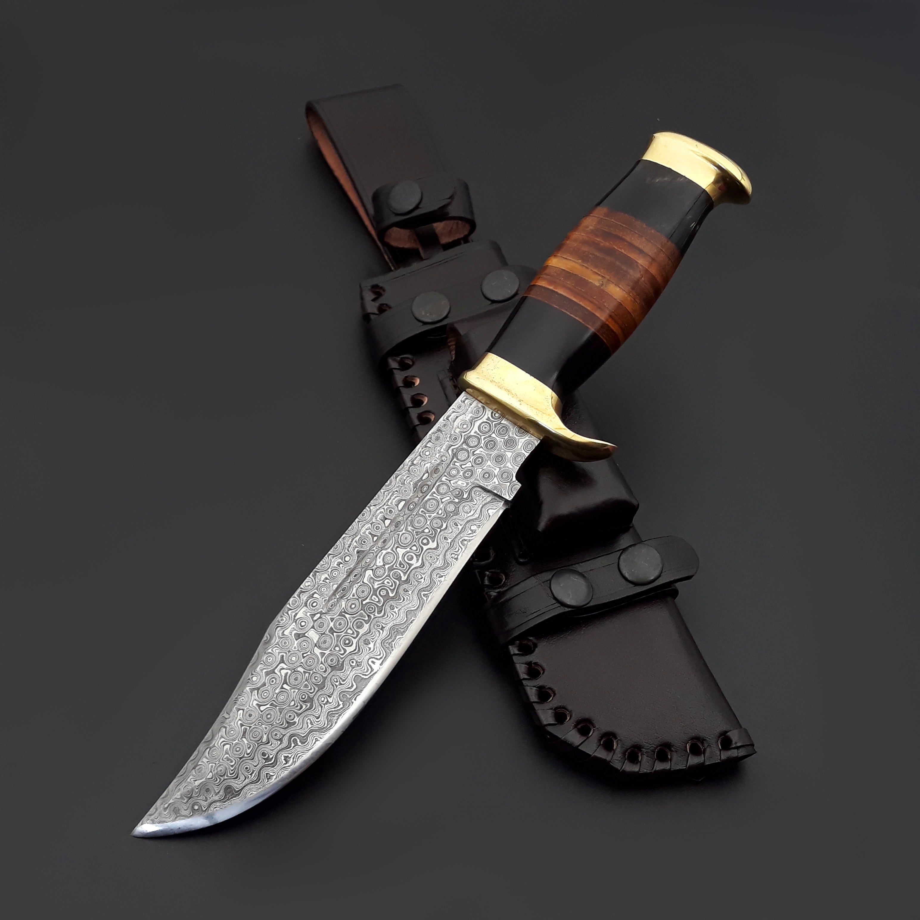 Premium Custom Bowie Knife with Genuine Bull Horn Handle & Stacked Leather Grip - Hunting, Camping, Outdoor Survival & Collectible Knife for Men
