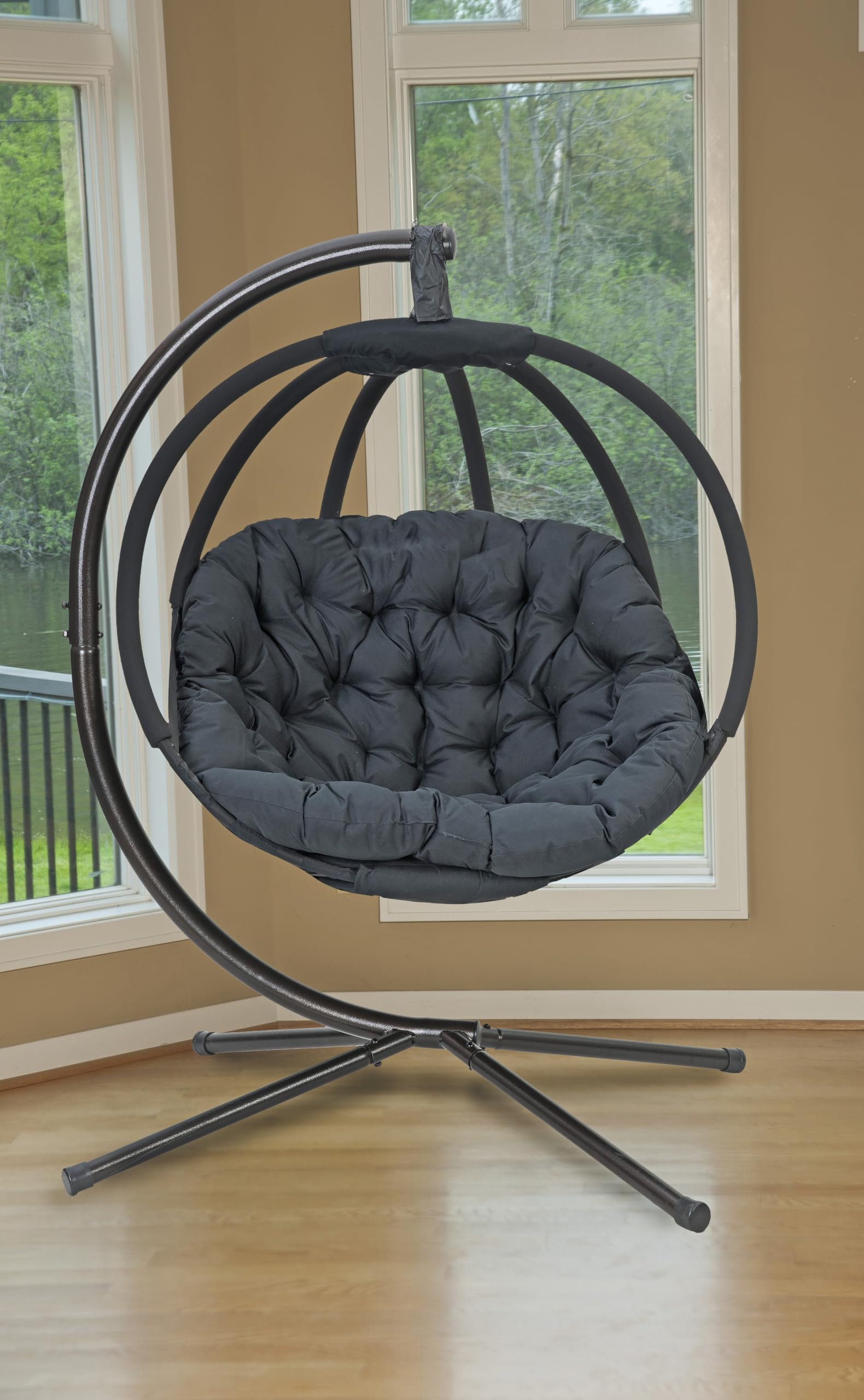 FlowerHouse Hanging Ball Chair with Stand - Black Overland Patio Swing Chair for Outdoor Garden, Balcony, or Backyard Relaxation