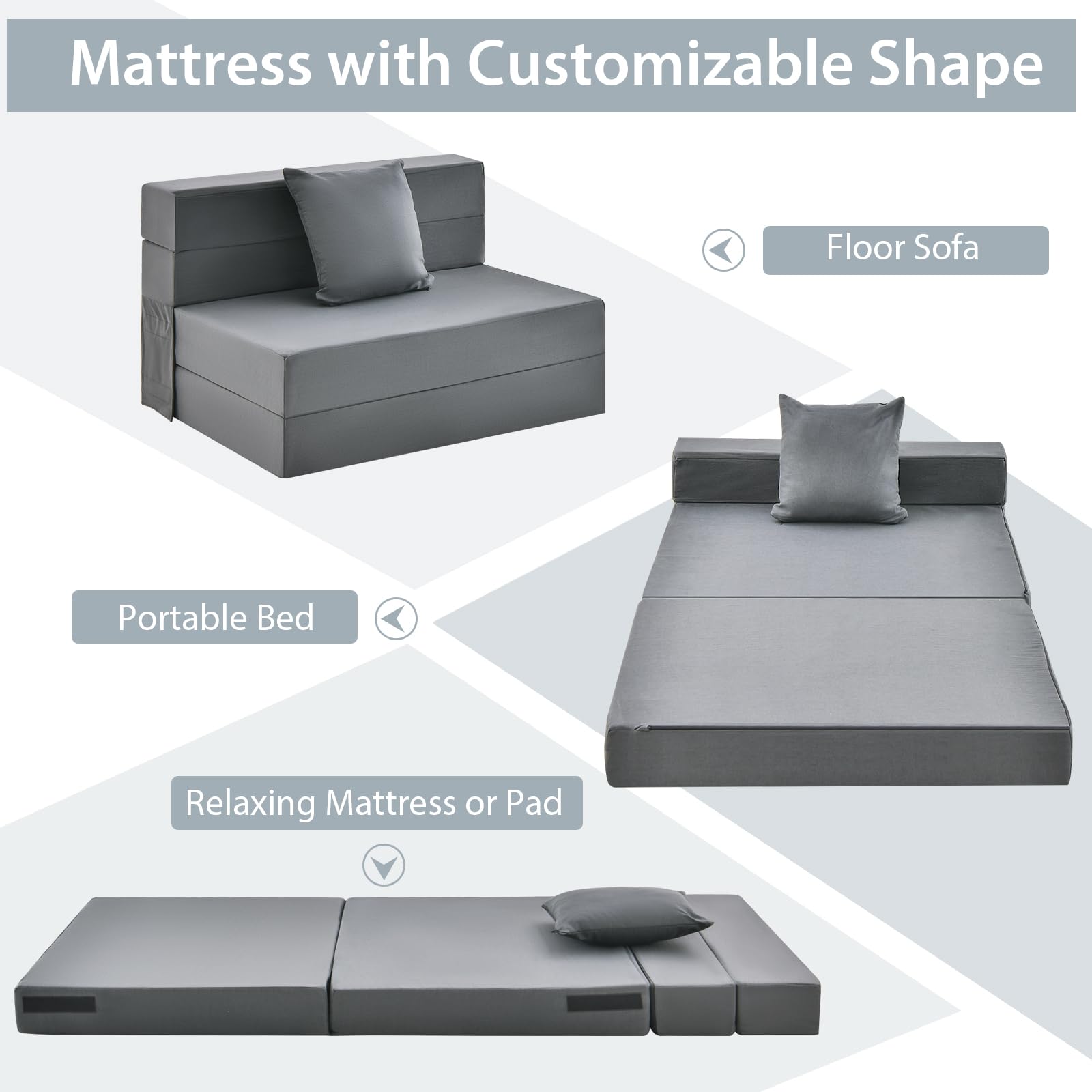 Giantex 6 Inch Tri-Fold Folding Sofa Bed with High-Density Foam Mattress & Removable Washable Cover - Portable Floor Couch with Pillow & Headrest for Guest Room, Small Space, Dorm, Apartment - Dark Grey