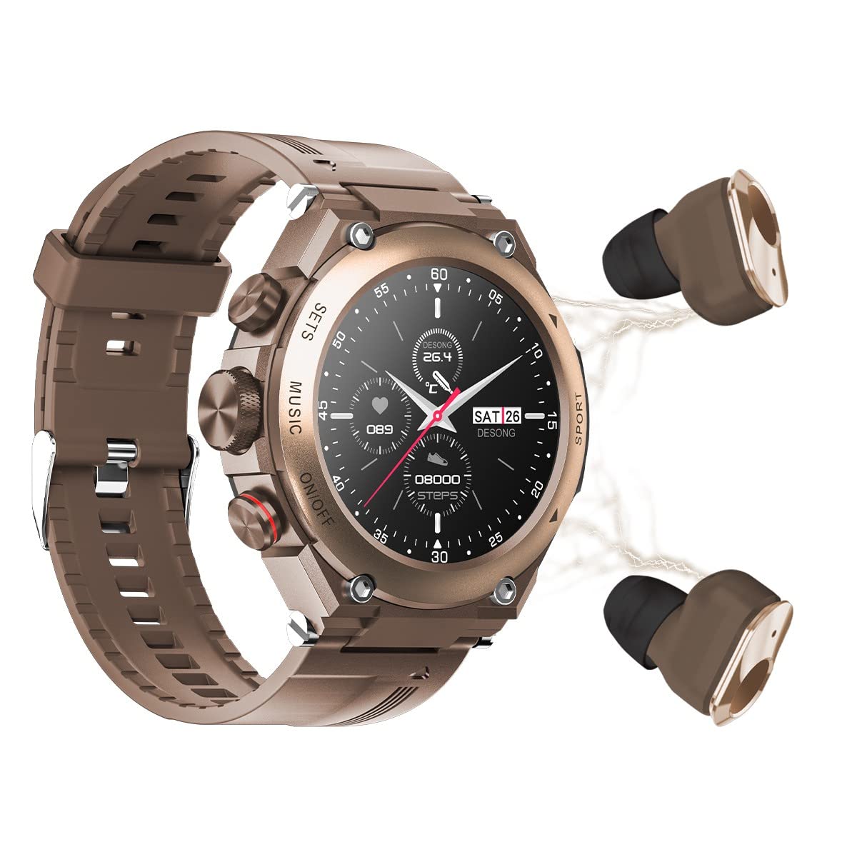Desong Smart Watch with Wireless Earbuds - 3-in-1 Round Fitness Tracker for Men, 1.28