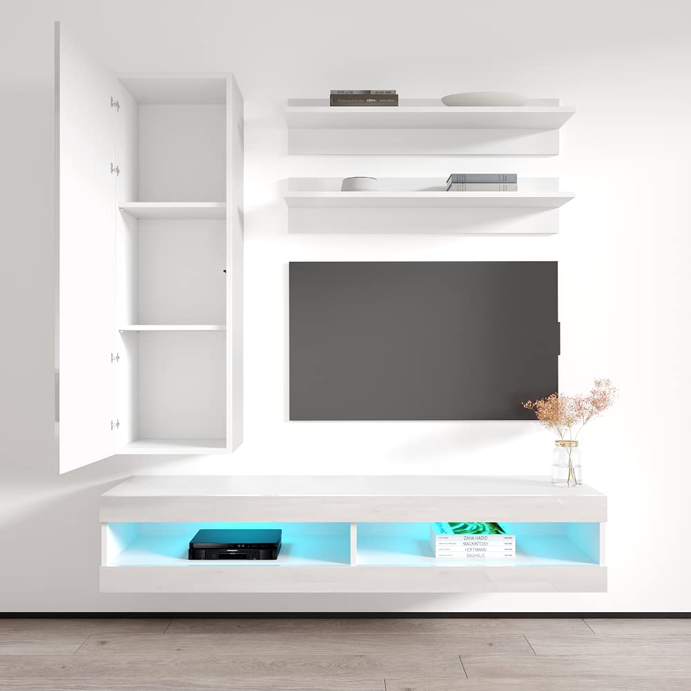 Modern White Wall-Mounted TV Stand with Storage Shelves & LED Lights - Floating Entertainment Center Console for Bedroom & Living Room - Perfect for Small Spaces & Home Theater Setup - Meble Furniture Fly H1 34