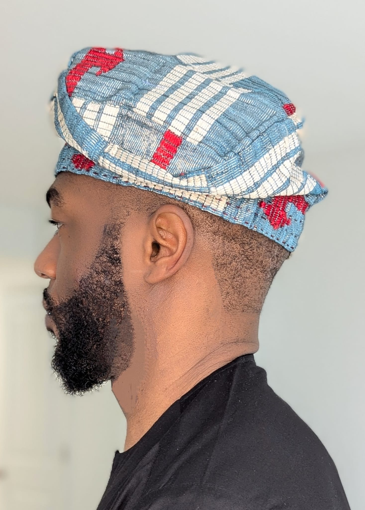 Light Blue African Aso Oke Fila Kufi Cap with Beige & Red Patterns - Traditional Nigerian Hat for Weddings, Parties & Cultural Events