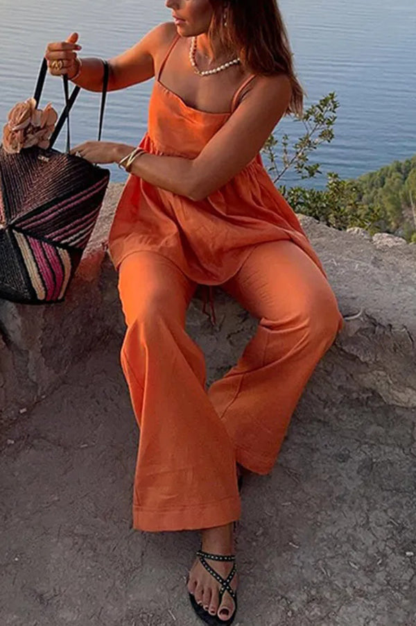 Stylish Solid Color Casual Suspenders with Loose Top & Elastic Waist Wide Leg Pants Set - Perfect for Everyday Wear, Office Outfits and Street Fashion