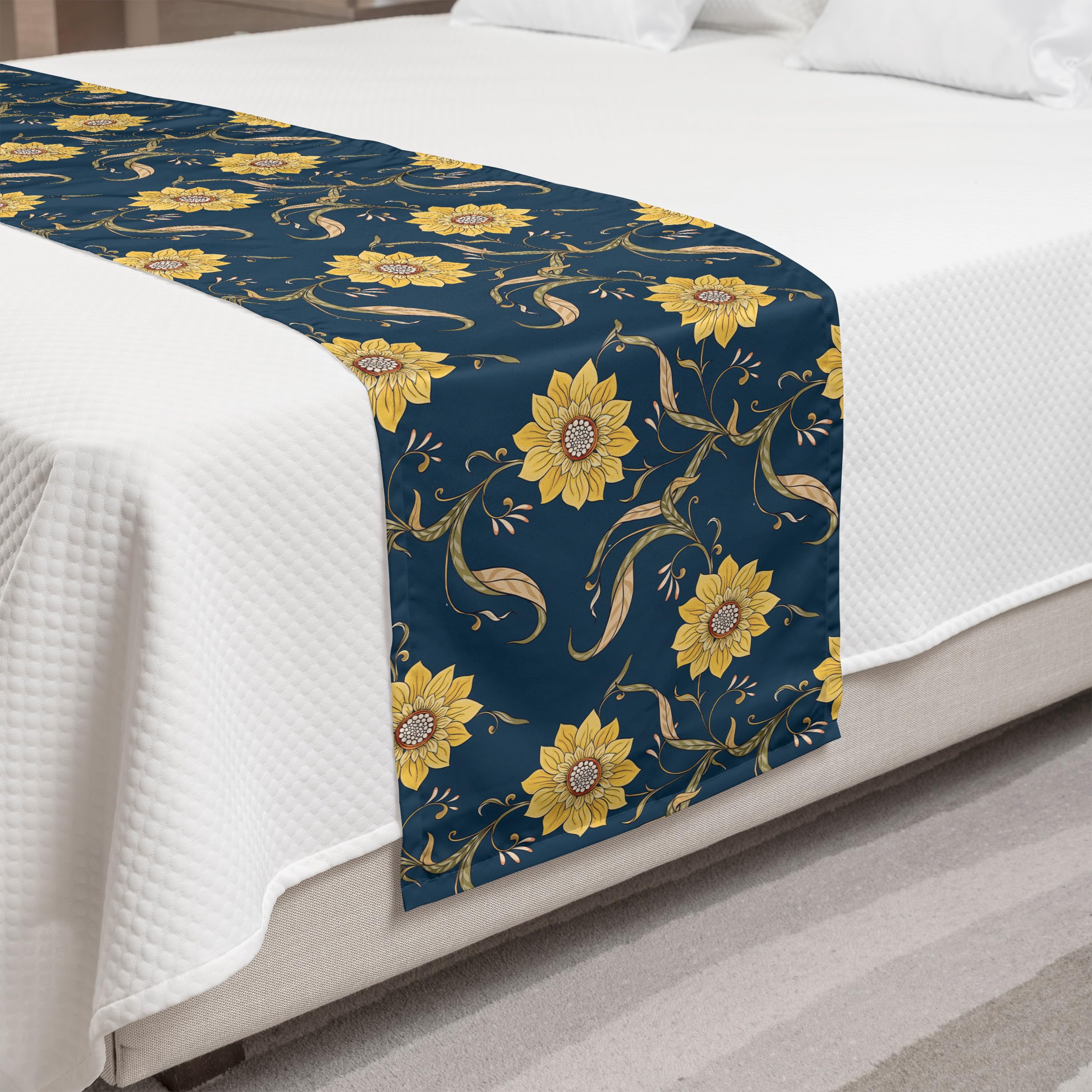 Ambesonne Sunflower Bed Runner - Floral Wild Pointy Petals Print Decorative Accent Bed Scarf for Hotels, Homes & Guest Rooms in Dark Sky Blue & Mustard | Perfect for Farmhouse, Boho & Rustic Bedroom Decor