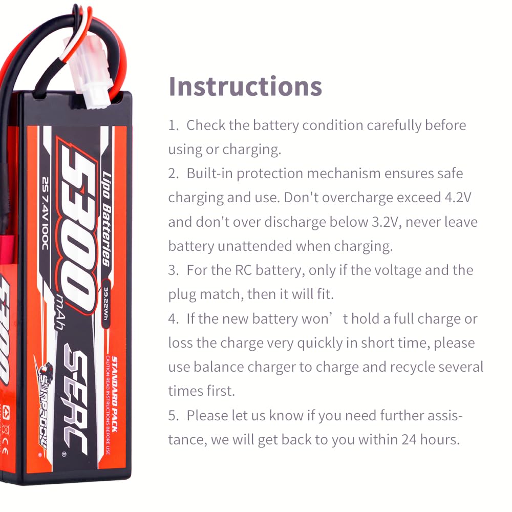 SUNPADOW 2S Lipo Battery 7.4V 5300mAh 100C Hard Case with Deans T Connector - Rechargeable RC Battery for RC Cars, Trucks, Buggies, Truggies and Tanks (2 Pack) - Perfect for High-Speed Racing, Off-Road Bashing and RC Vehicle Power Supply