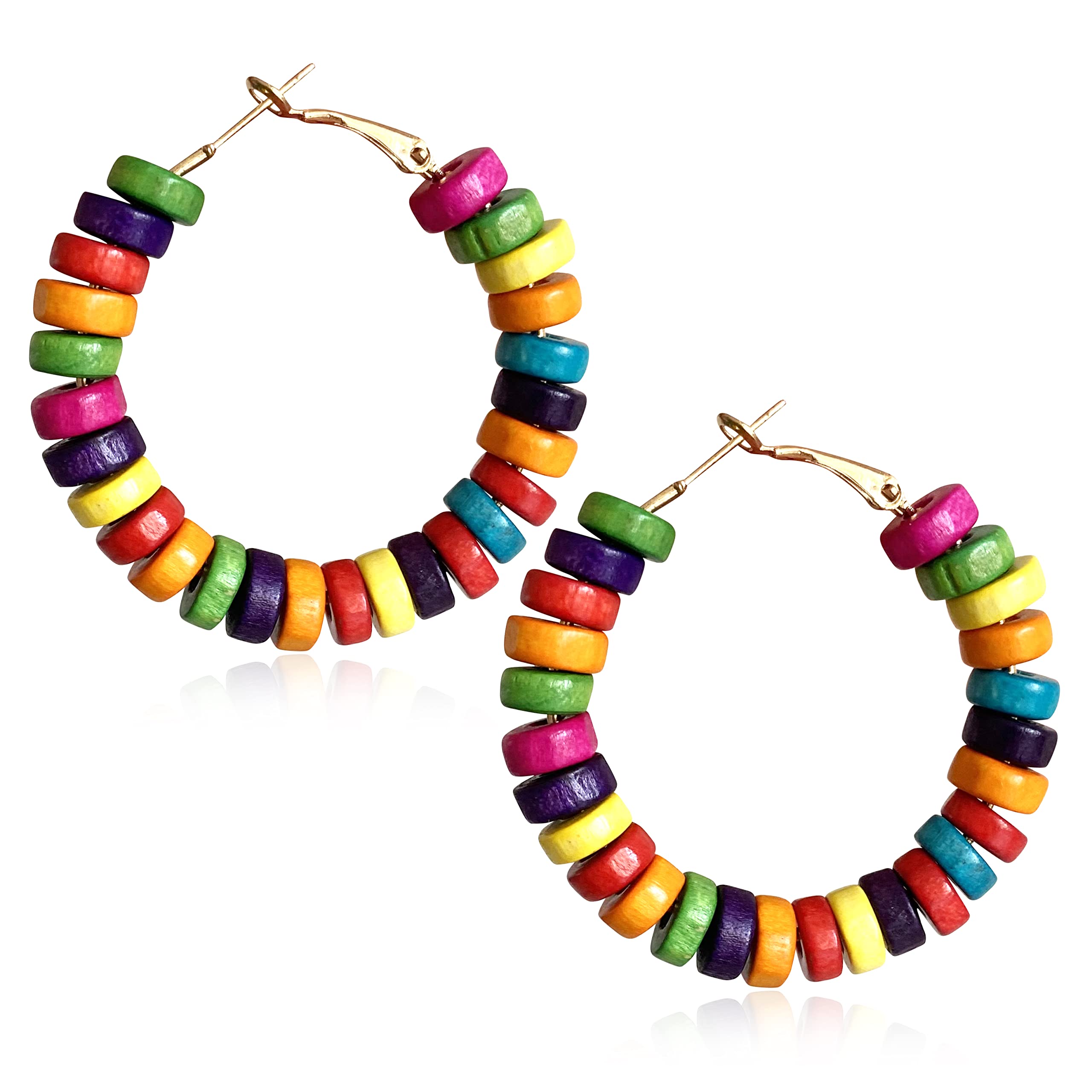 Handmade Wooden Beaded Hoop Earrings for Women - Bohemian Minimalist Style, Colorful Round Wood Bead Dangle Drop Earrings, Vintage Chic Ethnic Statement Jewelry | Perfect for Festivals, Parties, and Everyday Boho Fashion Accessories