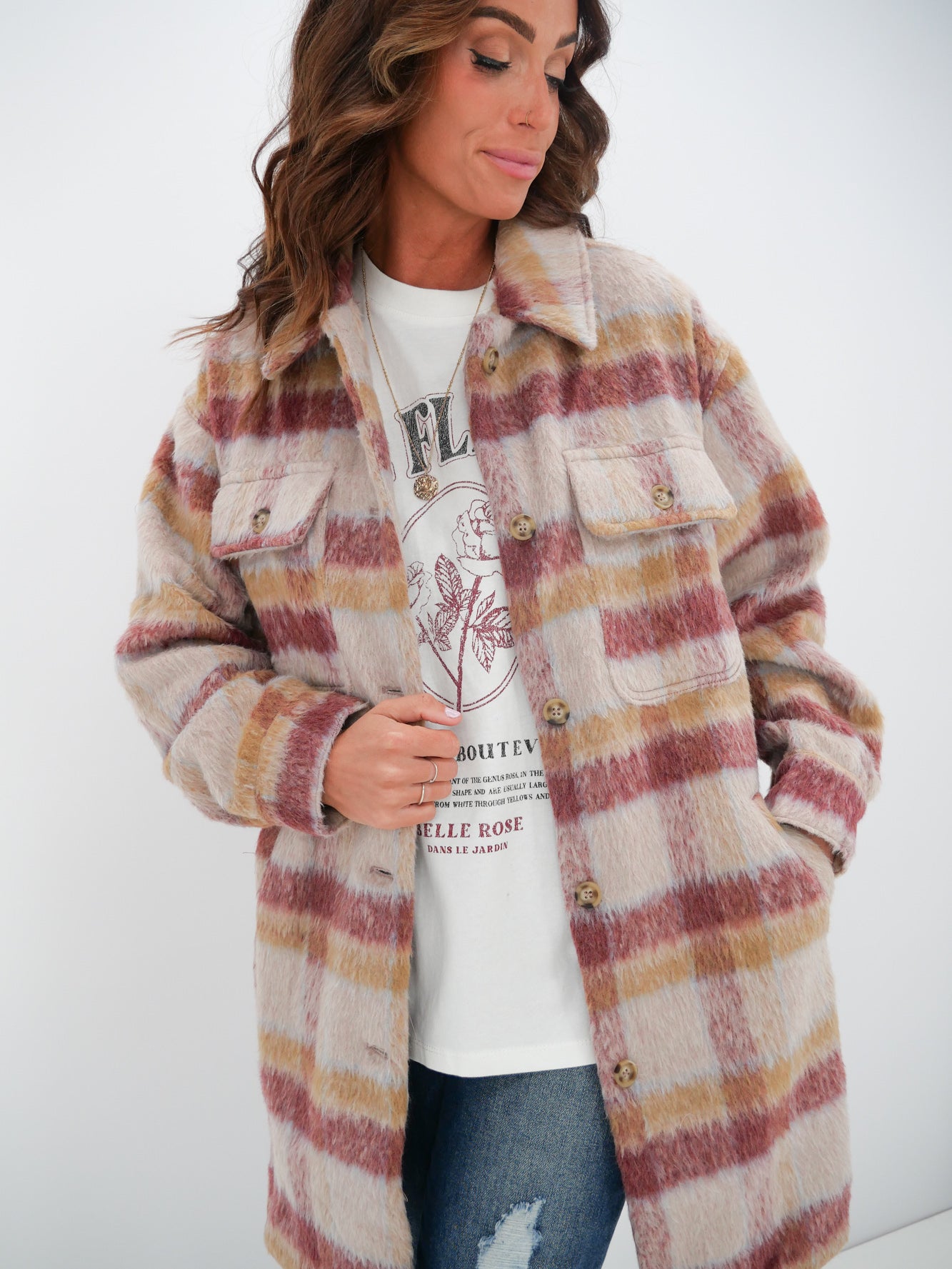 Eve Marlo Women's Longline Shacket - Plaid Checkered Overshirt Jacket for Fall & Winter | Casual Layering, Office Wear & Outdoor Activities