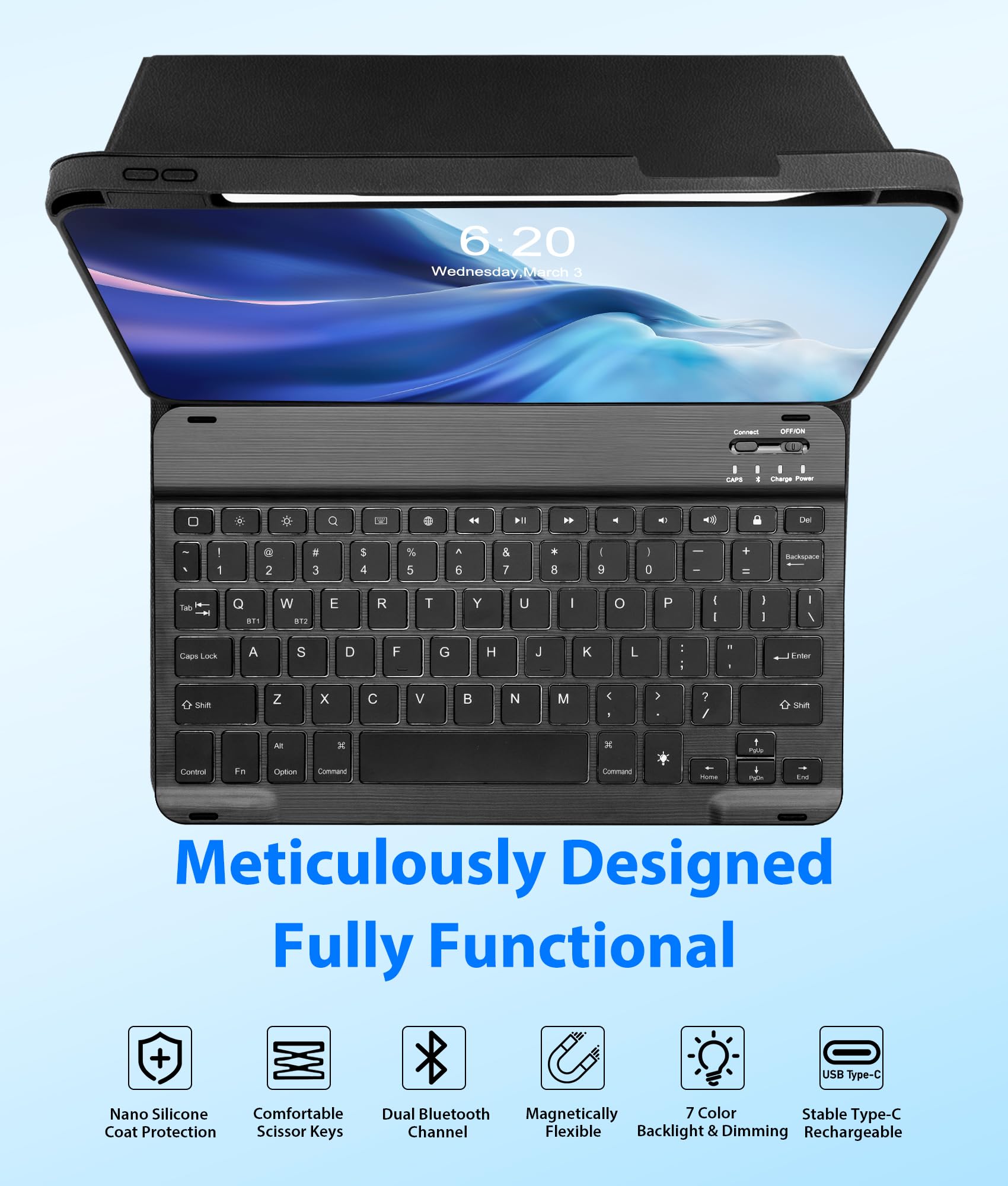 Eocean iPad 11th Gen (2025) & 10th Gen Keyboard Case - Detachable Bluetooth Keyboard Cover with 7-Color Backlit, Pencil Holder & Dual Bluetooth Channels for iPad 10.9 inch (2022 Model) | Perfect for Work, Study & Travel