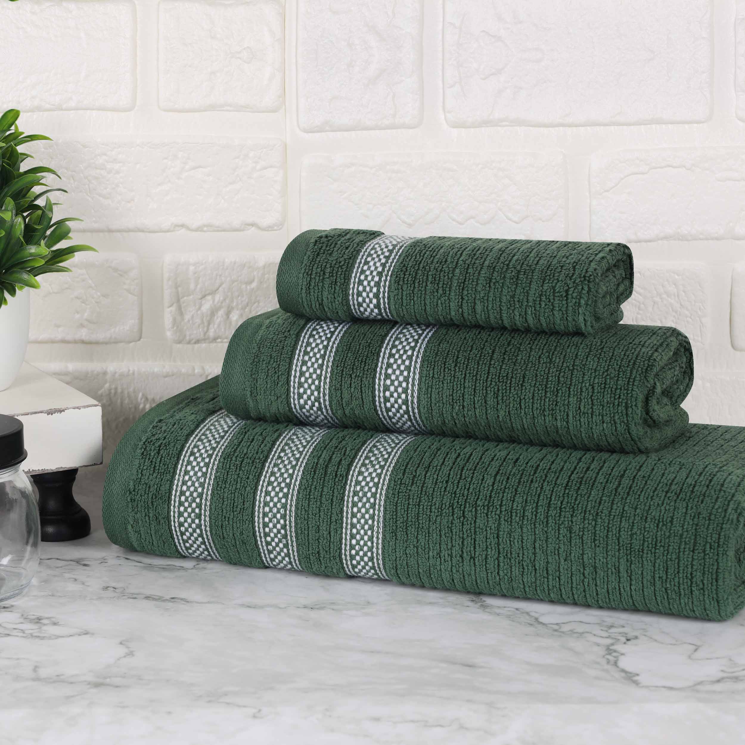 Premium Zero Twist Cotton Ribbed Geometric Border Plush 3-Piece Bath Towel Set - Ultra Soft & Absorbent for Spa, Bathroom & Luxury Home Use