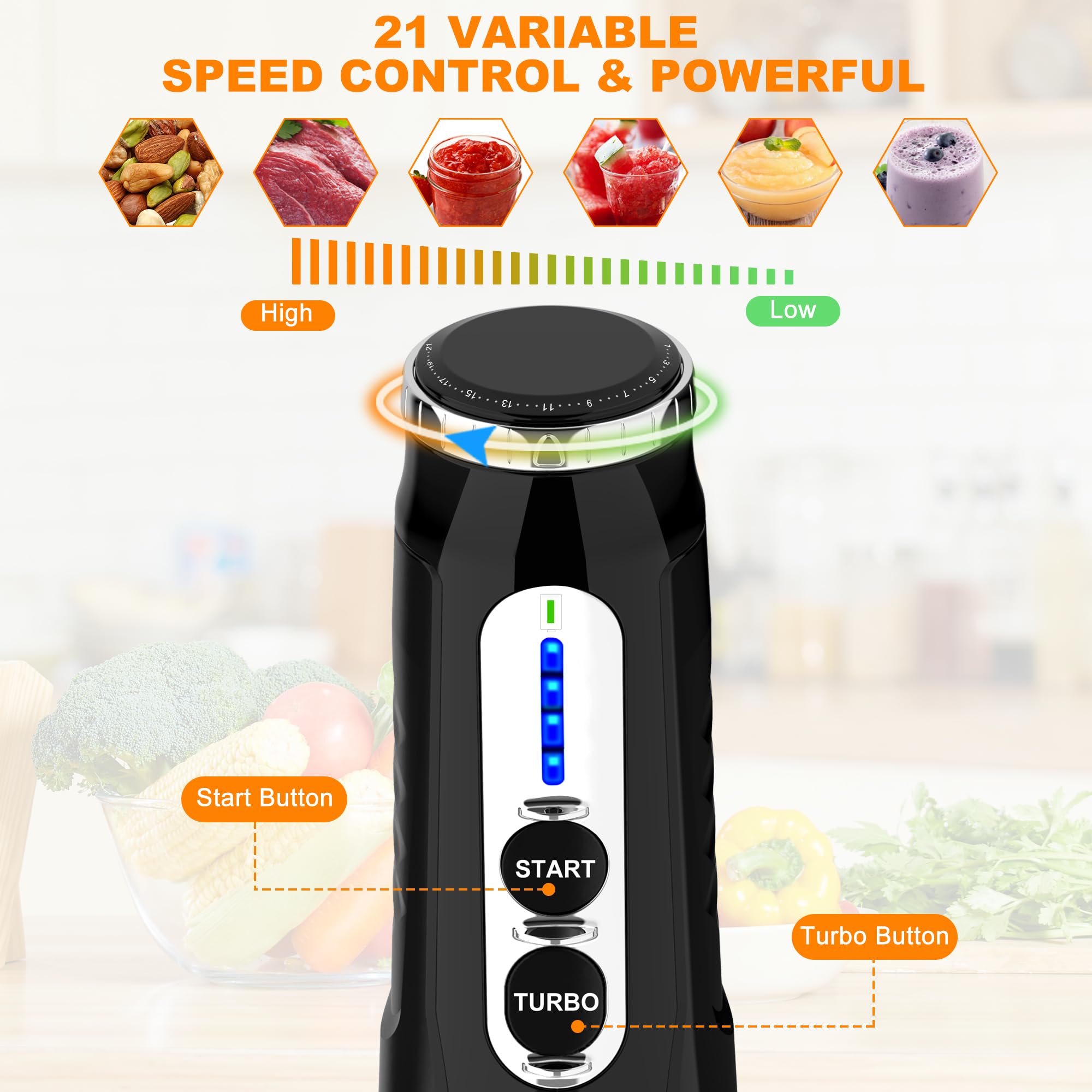 **3-Angle Adjustable Immersion Hand Blender - 21-Speed Variable Control, Powerful Electric Stick Blender for Milkshakes, Smoothies, Soup, Puree & Baby Food (Black) - Perfect for Home Kitchen, Cooking & Healthy Blending**