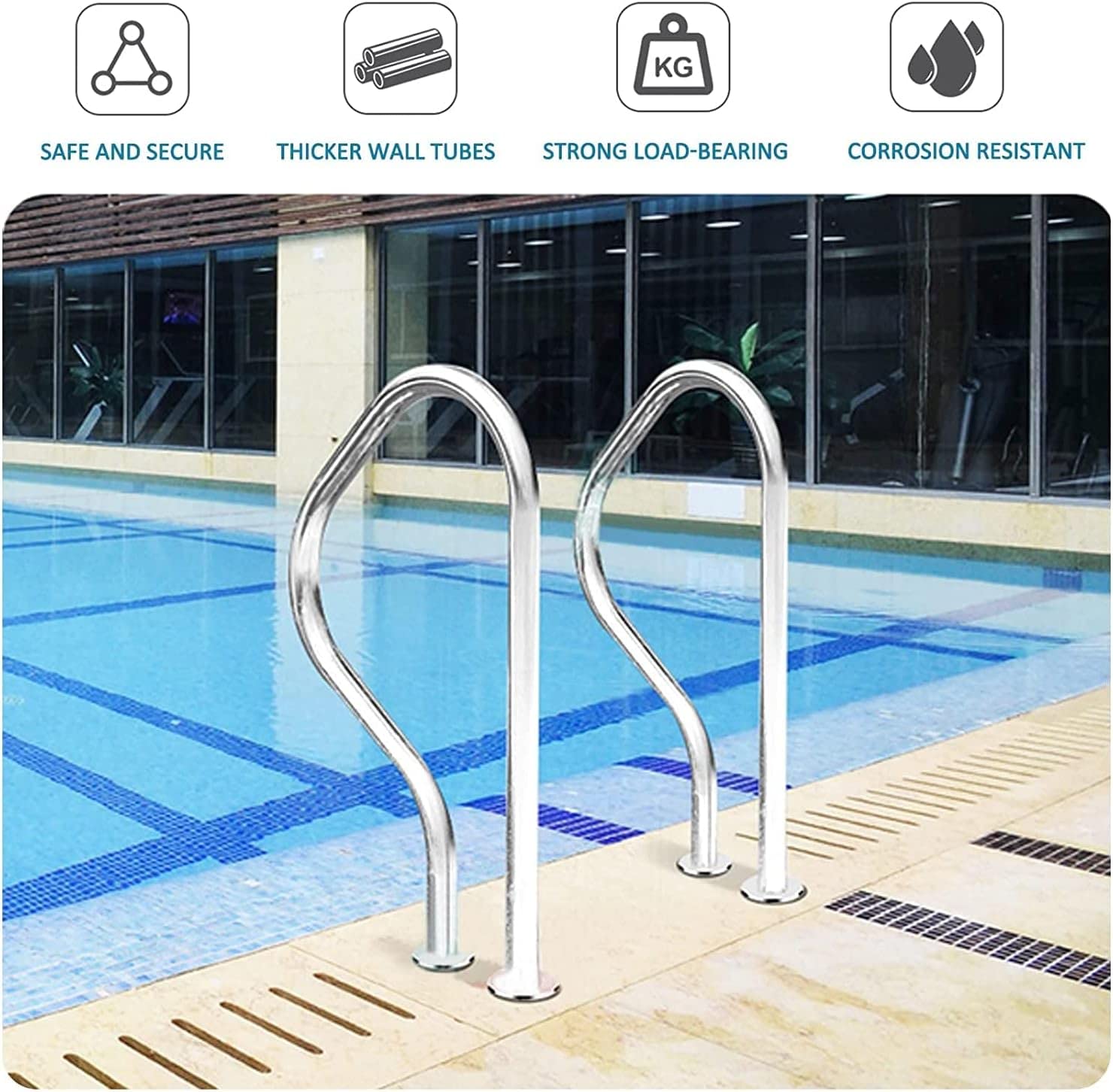 Pool Handrails Set of 1 - Stainless Steel Swimming Pool Railing for Inground Pools & Steps, 250kg Heavy-Duty Load Capacity - Ideal for Safety & Accessibility in Backyard, Residential & Commercial Pools