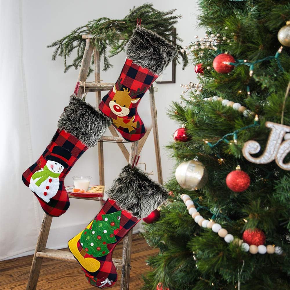 PATYDECRO 3-Pack Christmas Stockings Set - Buffalo Red Plaid with Soft Faux Fur, Large Xmas Stockings for Fireplace Hanging, Family Holiday Decorations | Perfect for Christmas Tree, Mantel Decor & Gift Exchange Parties