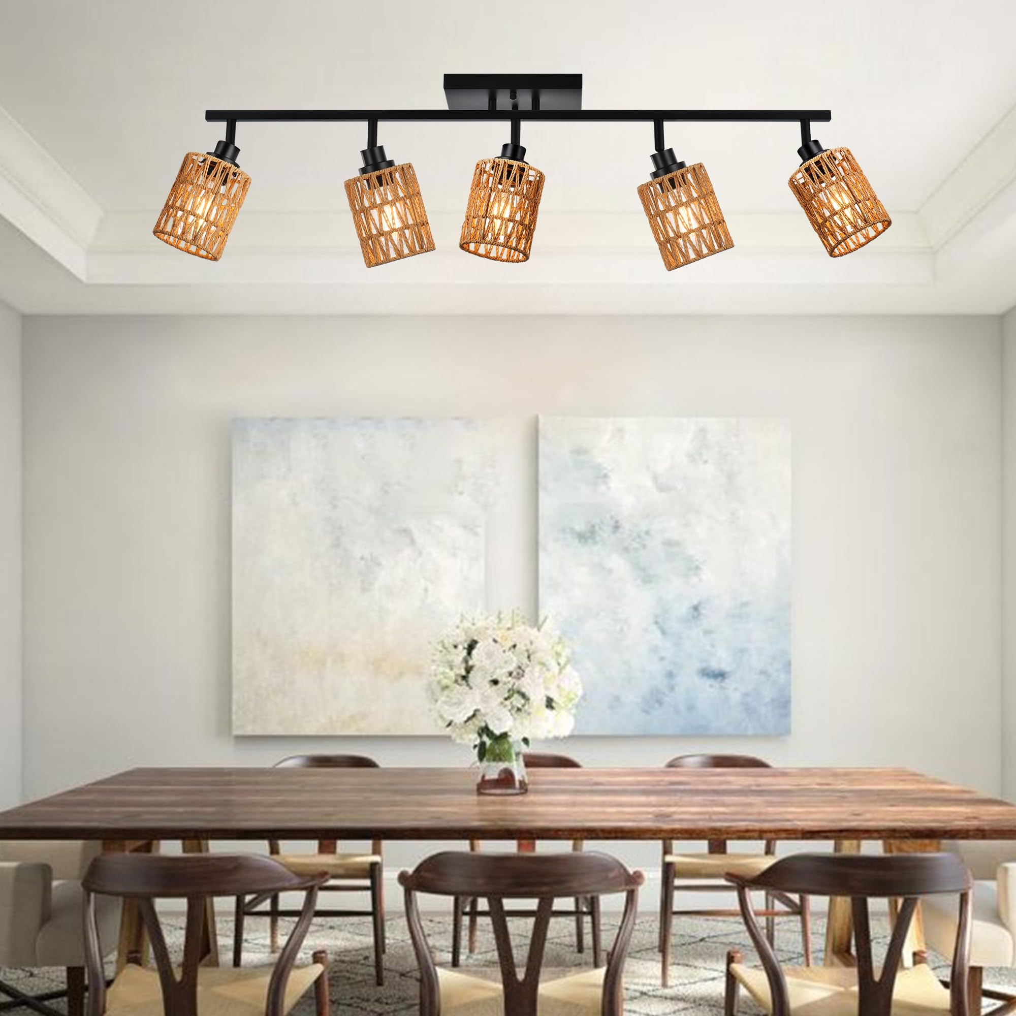 MELUCEE 5-Light Black Track Ceiling Light Fixture with Rattan Shade - Farmhouse Vanity Lighting for Bathroom, Hallway, Porch & Foyer - Adjustable Rotatable Spotlight Heads for Perfect Ambience