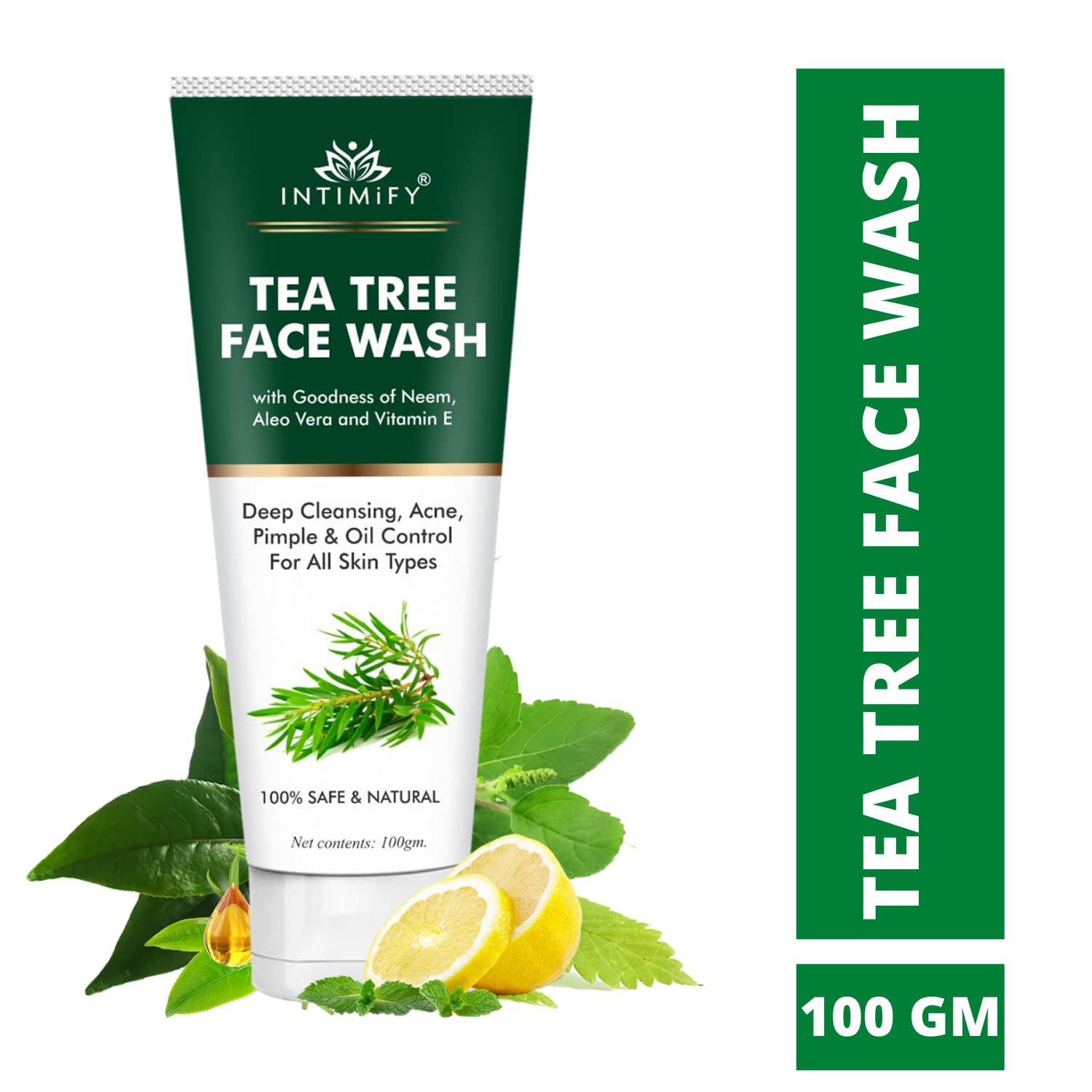 INTIMIFY Tea Tree & Neem Face Wash for Acne-Prone & Oily Skin - Brightening & Lightening Formula - 100g (Pack of 1) - Gentle Daily Cleanser for Clear, Glowing Skin at Home or Travel
