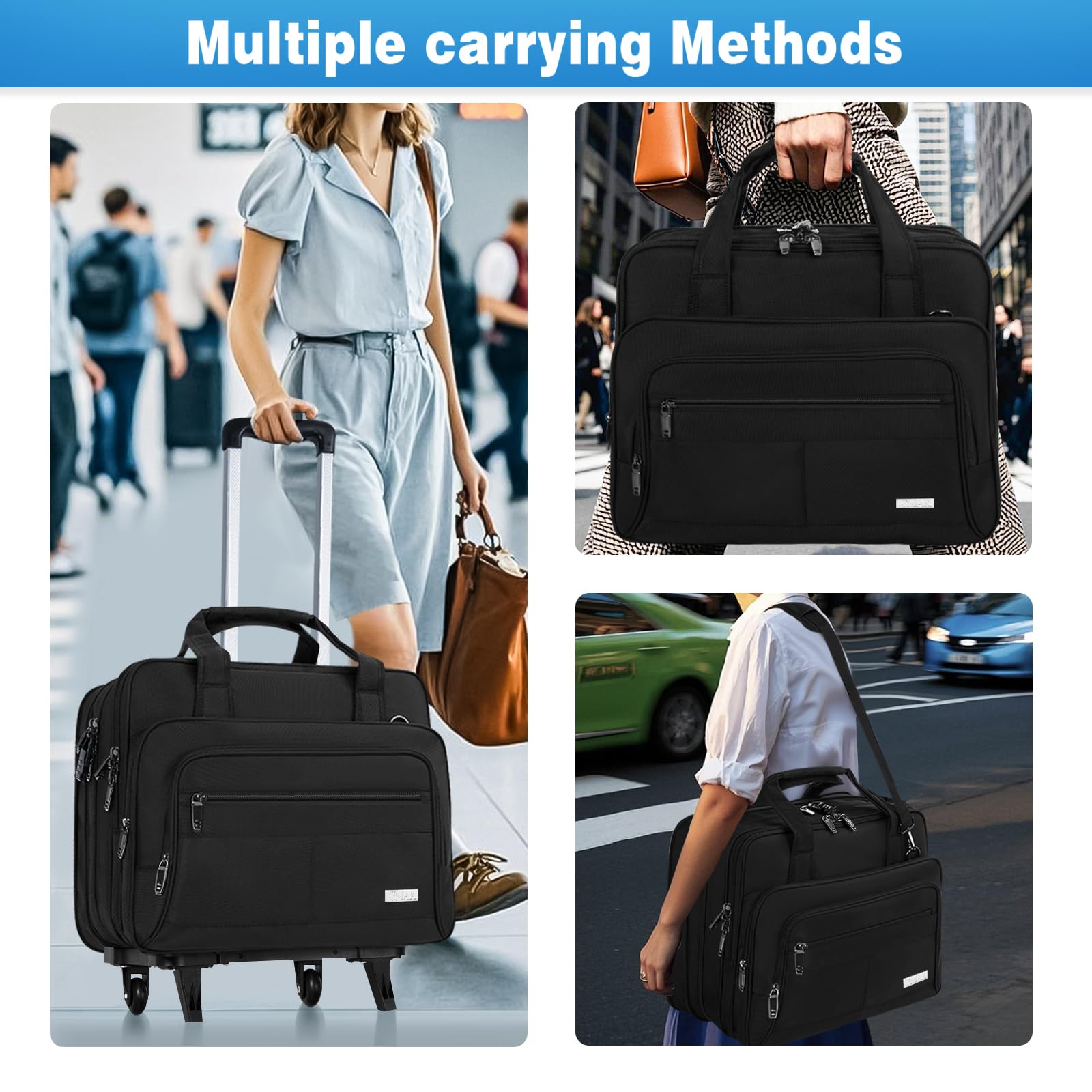 GMAK 16.5 Inch Rolling Laptop Bag for Women & Men - Wheeled Briefcase with Removable Trolley, Durable Computer Bag for Work, Business, Travel, Overnight Trips, and Carry-On Convenience, Black