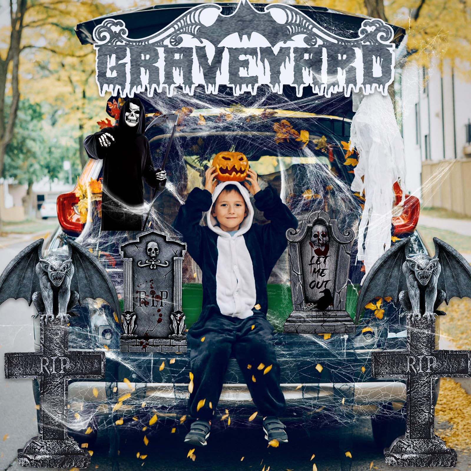 Qtencas Halloween Trunk or Treat Car Decoration Kit - Spooky Archway Garage Decor & Graveyard Car Trunk Stickers for Halloween Party Decorations