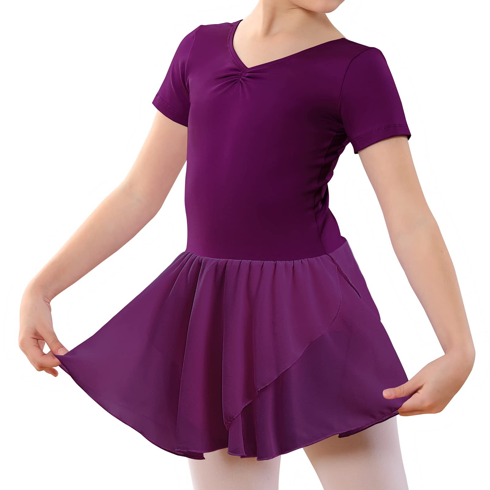 MERIABNY Ballet Leotards for Girls Short Sleeve Dance Leotard with Tutu Skirt - 3-9 Years Kids Ballet Outfit for Recital, Performance & Dance Class
