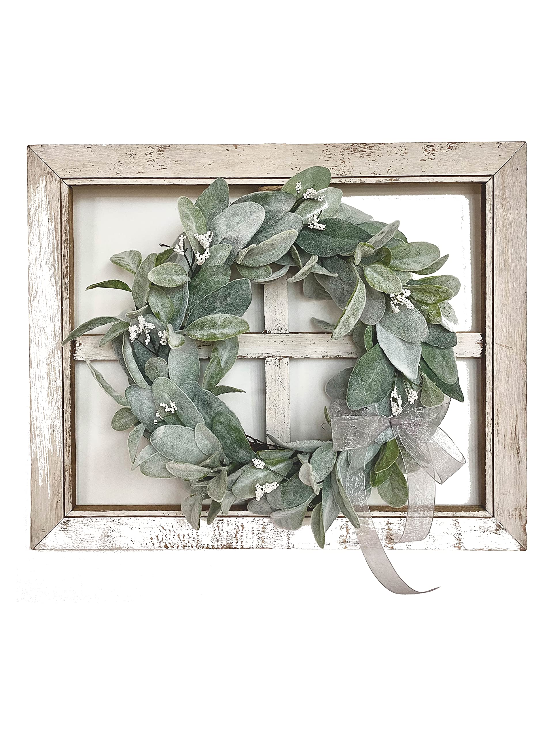 Farmhouse Rustic Window Frame with Lambs Ear Wreath - Decorative Wall Hanging for Home, Front Door, Living Room & Entryway Decor - Perfect for Spring, Summer, Fall & Winter Seasonal Decorations