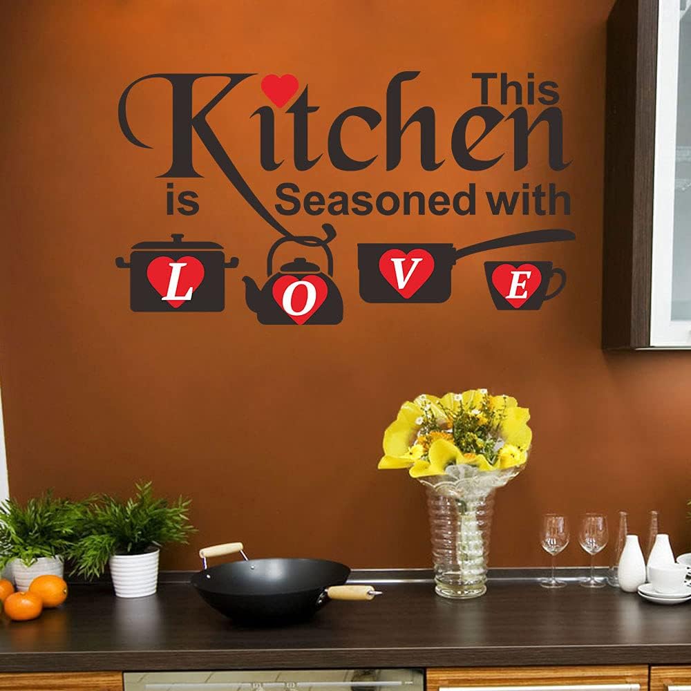 Kitchen Wall Decals - Family Love Quotes Vinyl Stickers, 'This Kitchen is Seasoned with Love' Wall Art for Dining Room, Restaurant & Cafe Decor