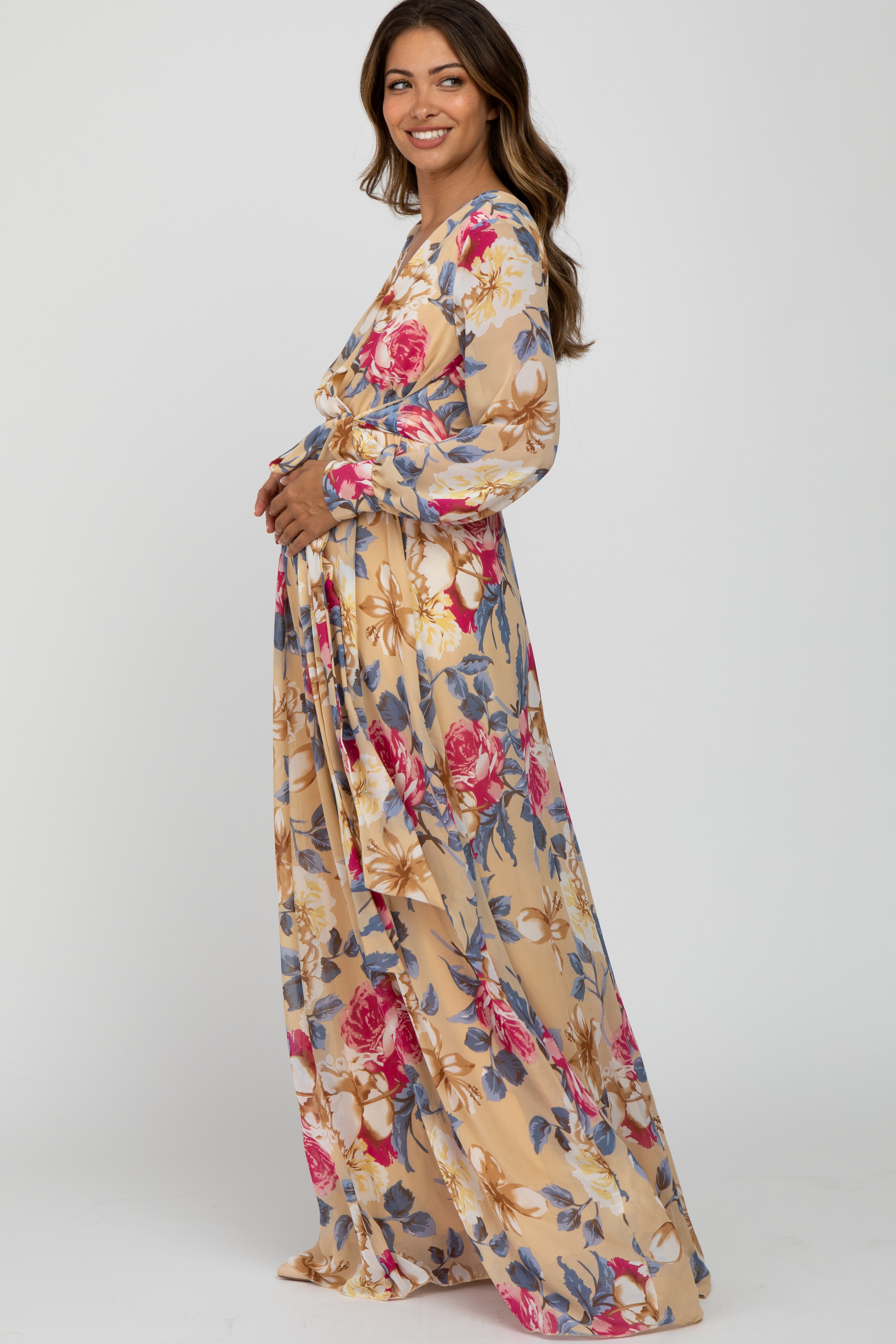 Beige Floral Chiffon Maternity Maxi Dress for Women - Elegant Pregnancy Gown for Baby Shower, Wedding & Summer Occasions