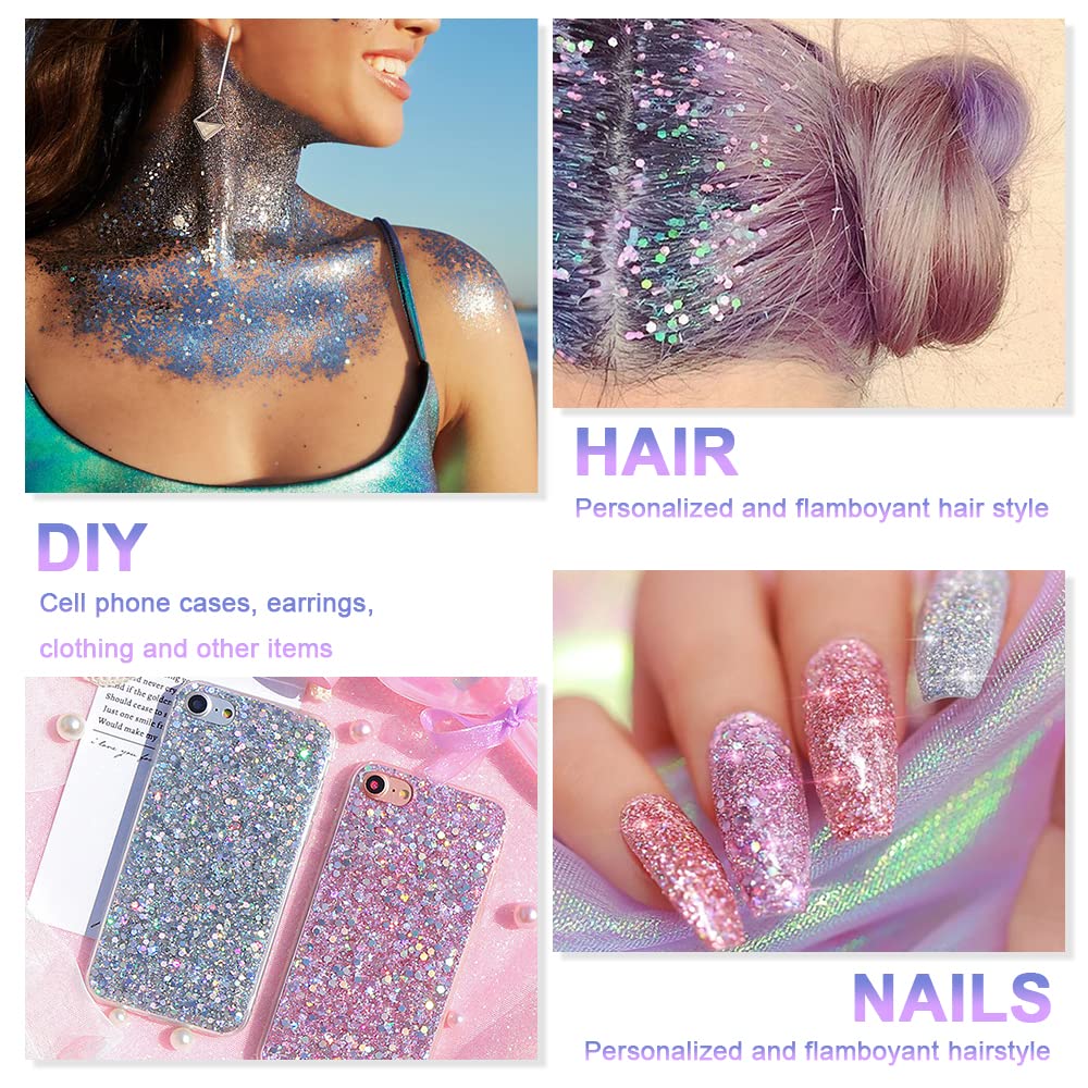 URAQT Holographic Mermaid Sequins Chunky Cosmetic Glitter Gel - Sparkling Face & Body Makeup for Festivals, Parties, Halloween & DIY Art (Silver) | Perfect for Eye, Hair, Nail Designs & Creative Projects
